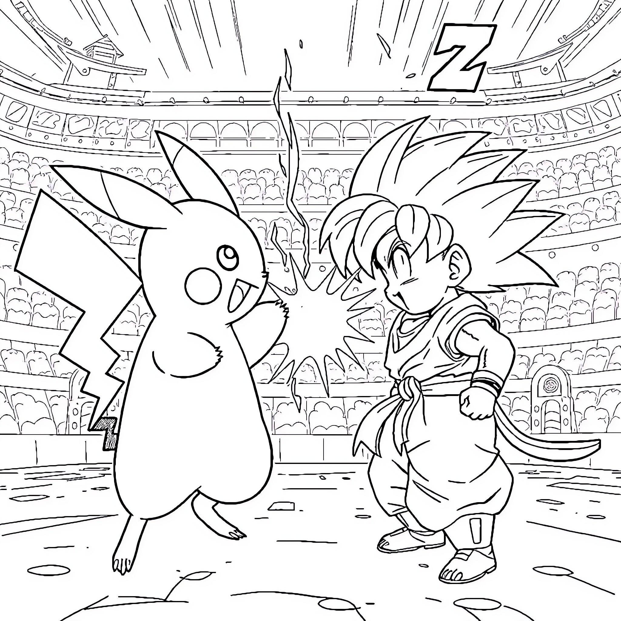 Pikachu and Goku Battle in Anime Stadium Coloring Page (free black-and-white line drawing printable PDF for all, from beginners to advanced learners, including children, teens, adults, and seniors)