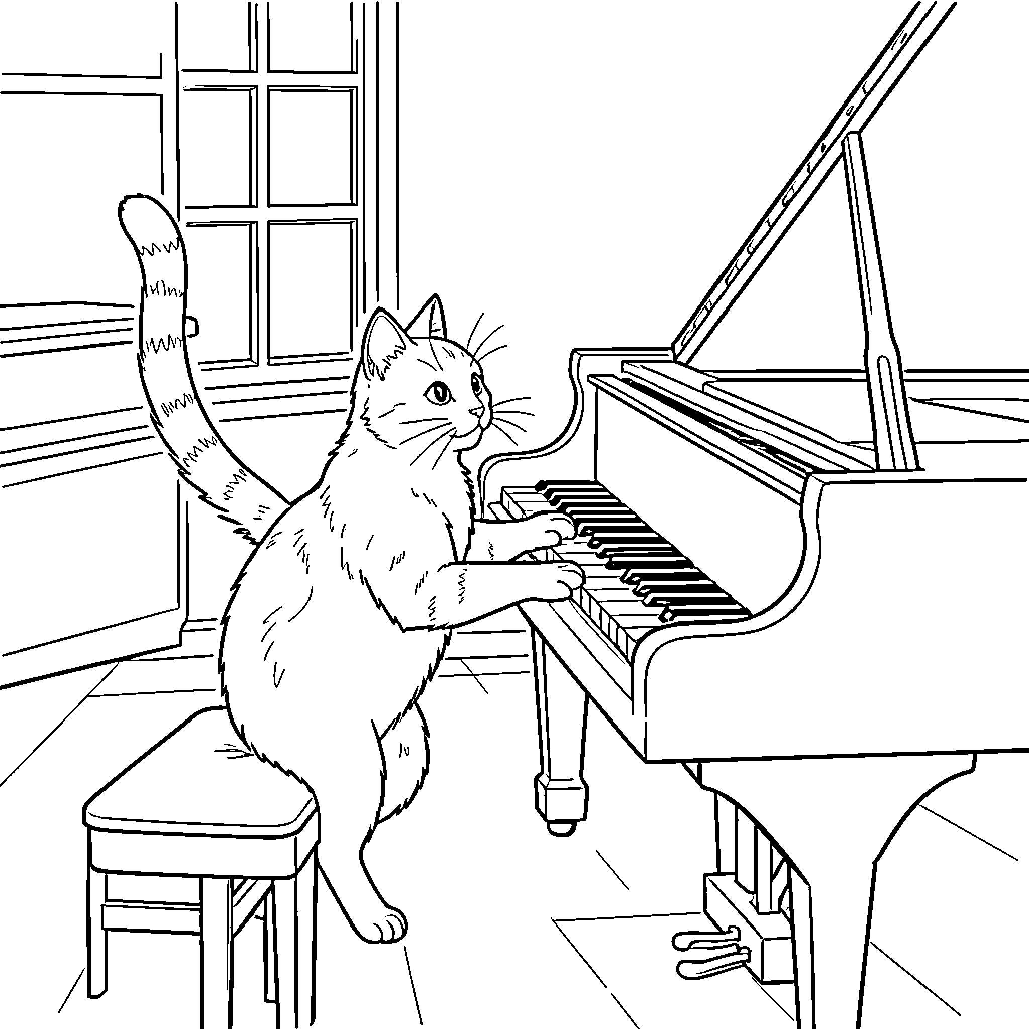 Perro playing the piano in a room Coloring Page (free black-and-white line drawing printable PDF for all, from beginners to advanced learners, including children, teens, adults, and seniors)