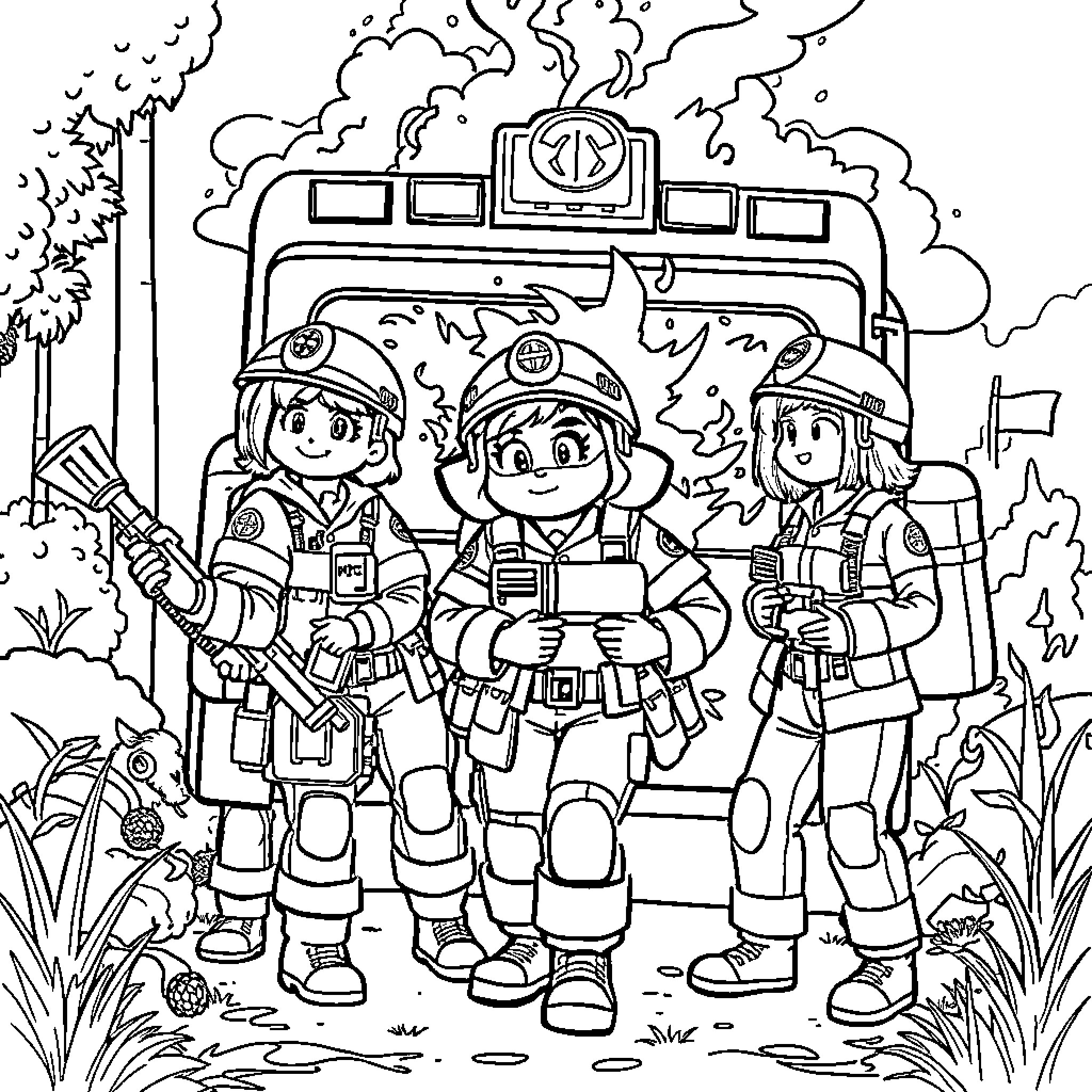Pandi's Firefighter Adventure in the Jungle Coloring Page (free black-and-white line drawing printable PDF for all, from beginners to advanced learners, including children, teens, adults, and seniors)
