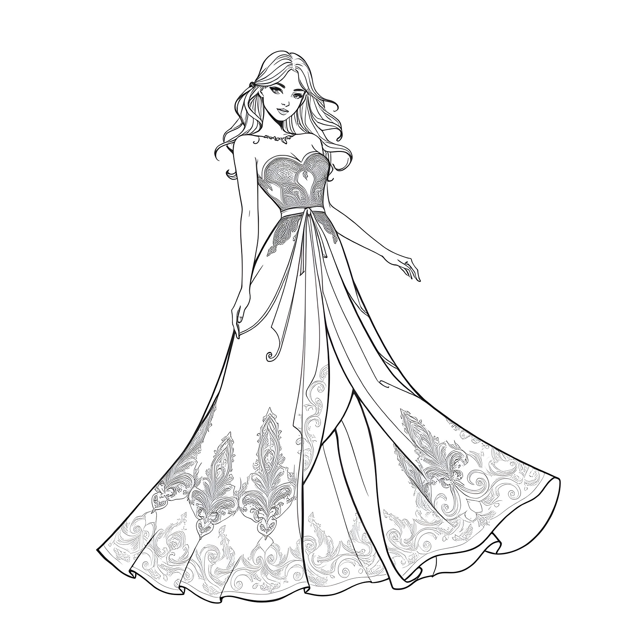 Girl in elegant evening gown with detailed patterns Coloring Page (free black-and-white line drawing printable PDF for all, from beginners to advanced learners, including children, teens, adults, and seniors)