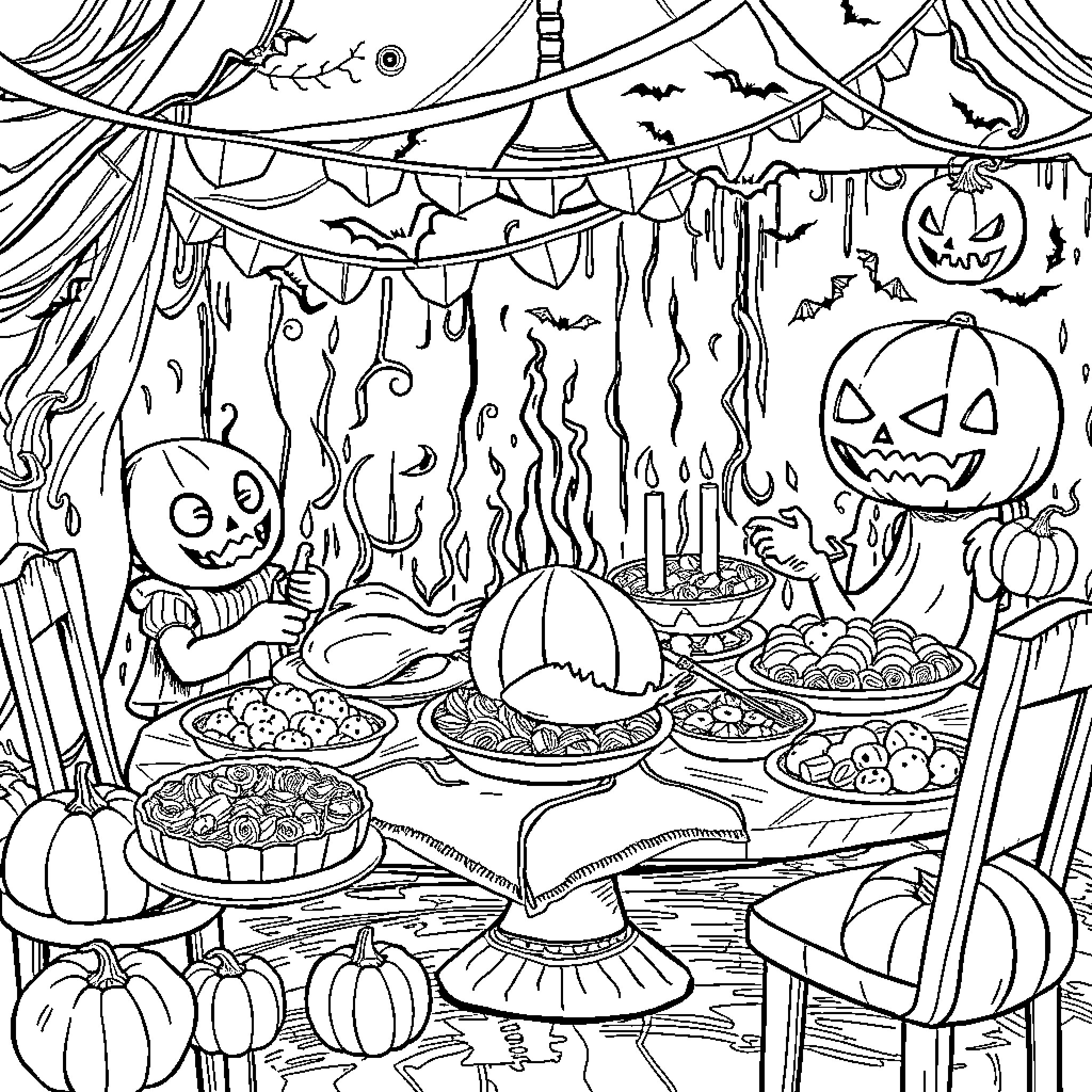 Chicken Halloween Feast with Decorations Coloring Page (free black-and-white line drawing printable PDF for all, from beginners to advanced learners, including children, teens, adults, and seniors)