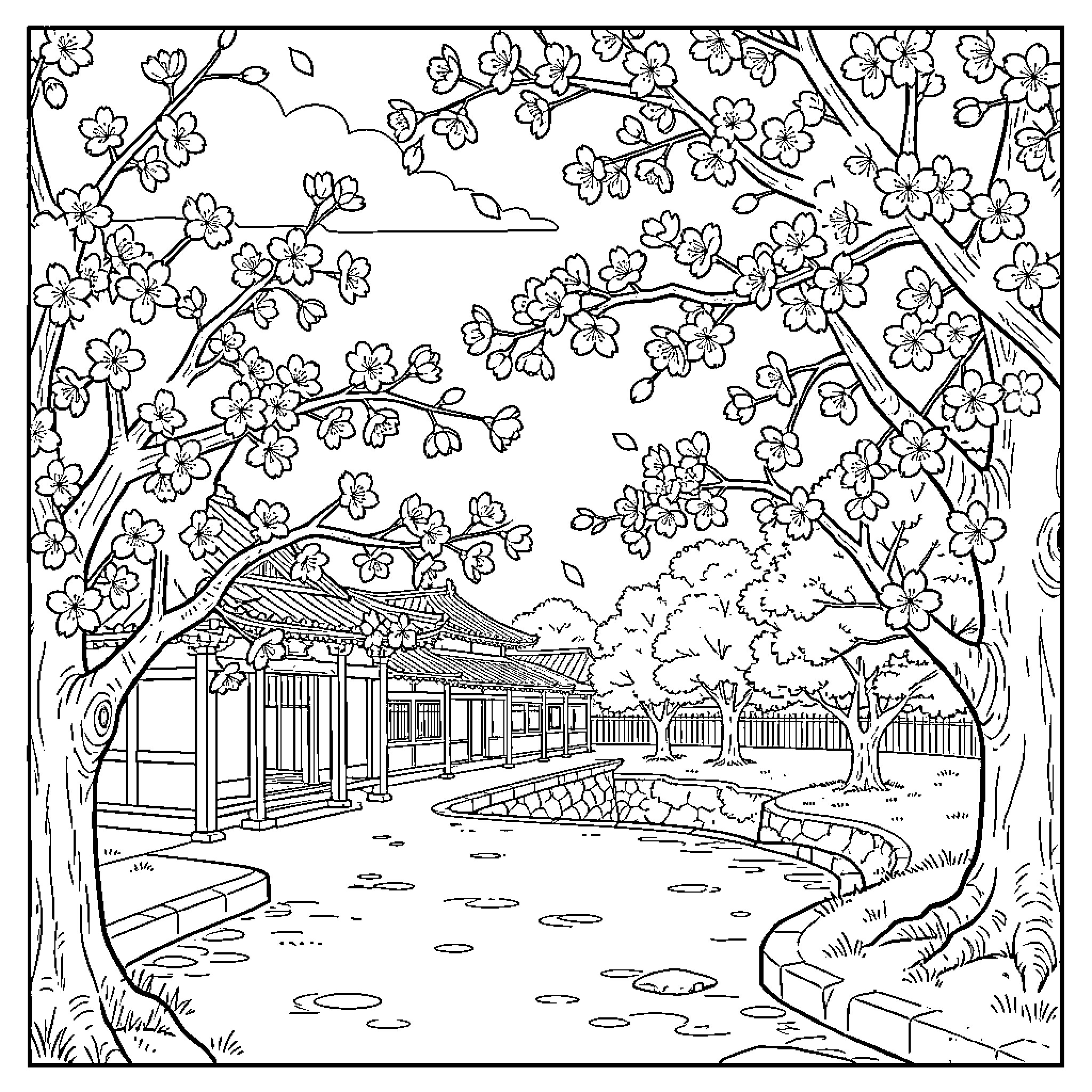 Cherry Blossom Pavilion in the Spring Landscape Coloring Page (free black-and-white line drawing printable PDF for all, from beginners to advanced learners, including children, teens, adults, and seniors)
