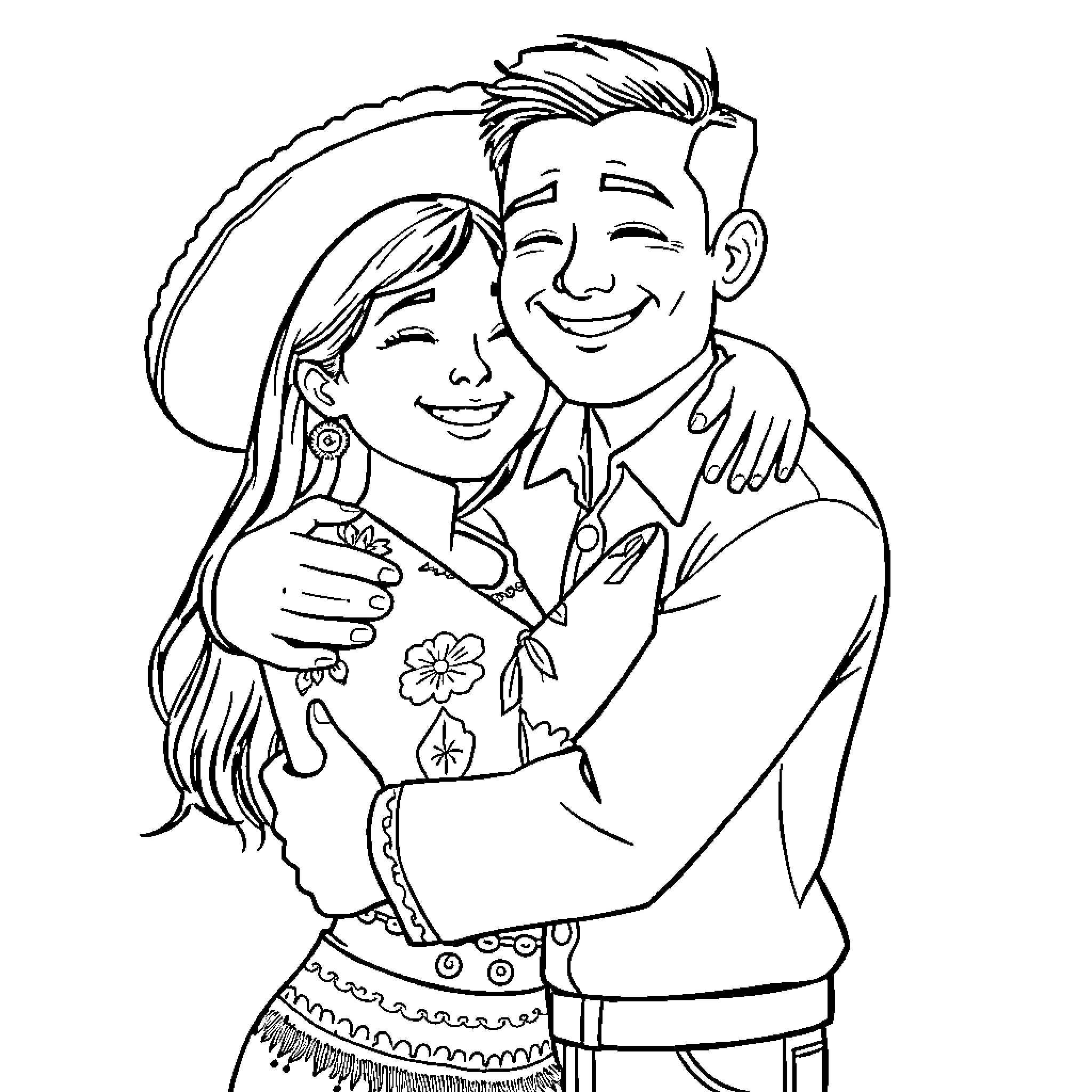 Person embracing happily in an intimate moment Coloring Page (free black-and-white line drawing printable PDF for all, from beginners to advanced learners, including children, teens, adults, and seniors)