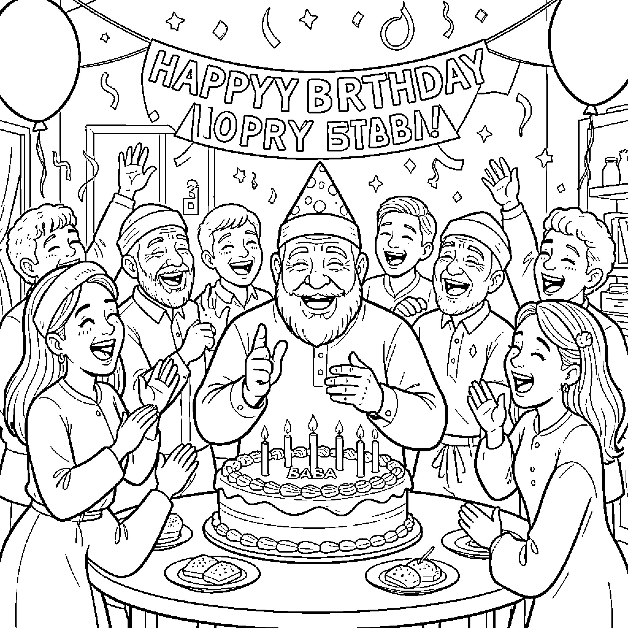 Birthday party with family celebrating around a cake Coloring Page (free black-and-white line drawing printable PDF for all, from beginners to advanced learners, including children, teens, adults, and seniors)