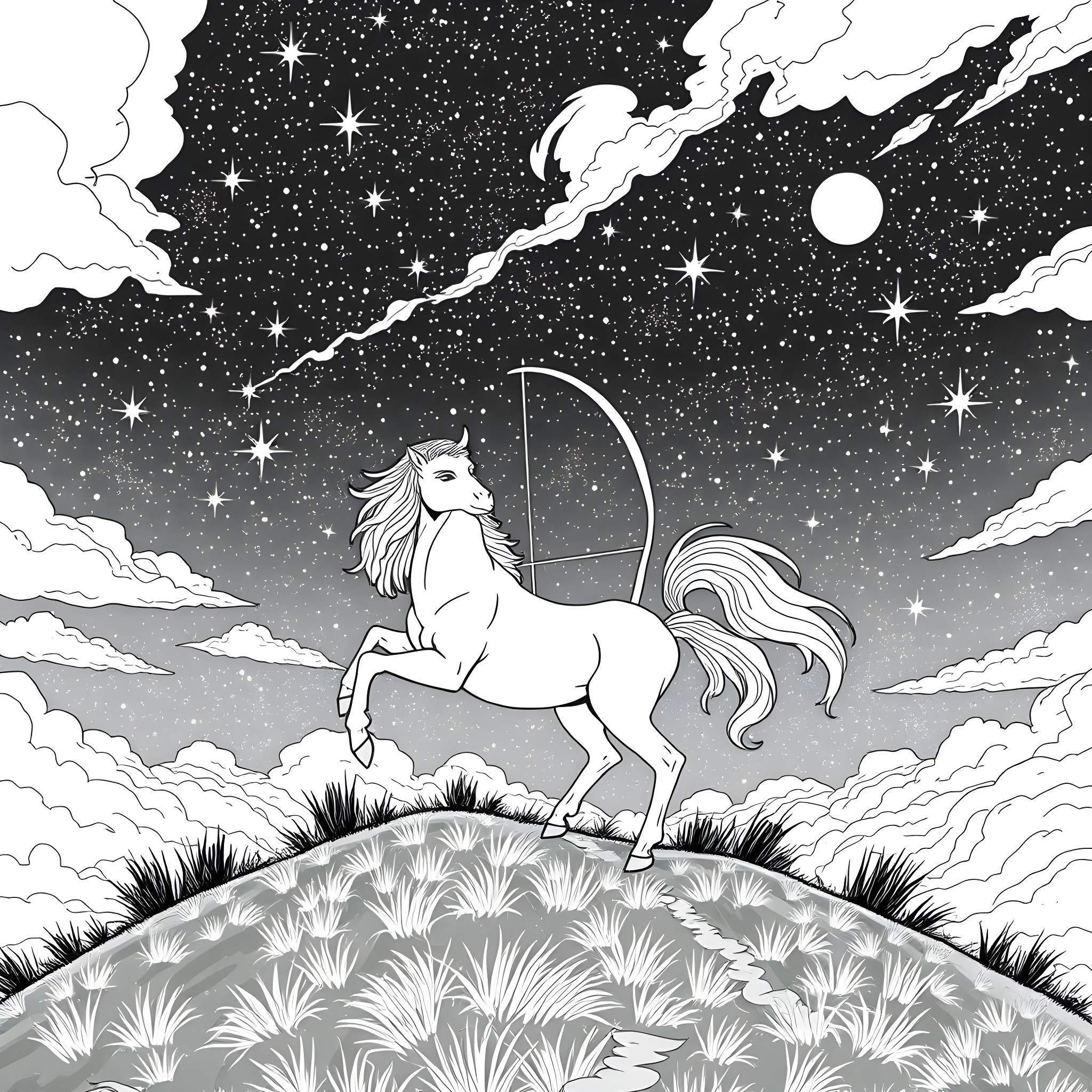 Sagittarius: Mythical Centaur Archer in Starry Night Landscape Coloring Page (free black-and-white line drawing printable PDF for all, from beginners to advanced learners, including children, teens, adults, and seniors)