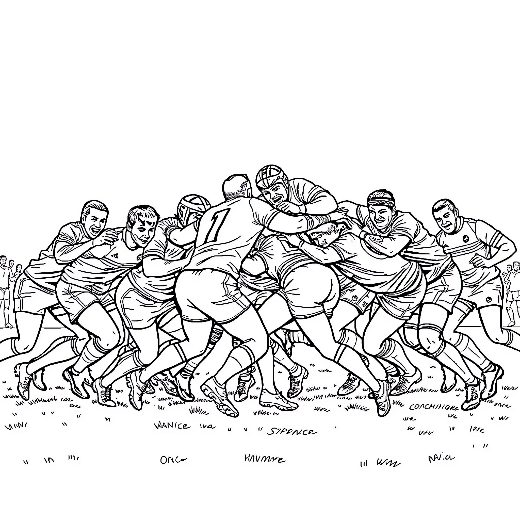 Rugby players engaged in an intense scrum Coloring Page (free black-and-white line drawing printable PDF for all, from beginners to advanced learners, including children, teens, adults, and seniors)