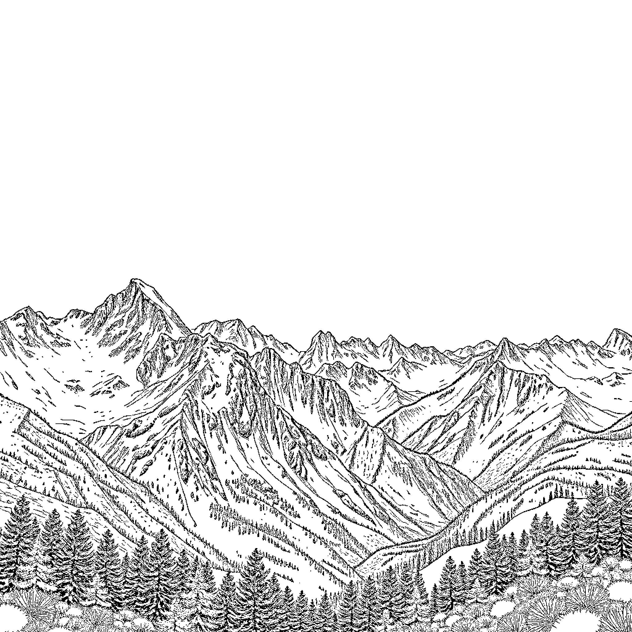 View of Majestic Mountain Landscape with Forests Coloring Page (free black-and-white line drawing printable PDF for all, from beginners to advanced learners, including children, teens, adults, and seniors)