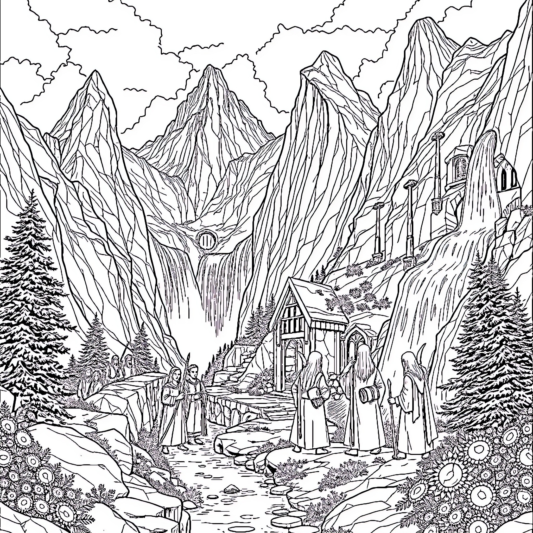 Fellowship in the Enchanted Mountainous Realm Coloring Page (free black-and-white line drawing printable PDF for all, from beginners to advanced learners, including children, teens, adults, and seniors)