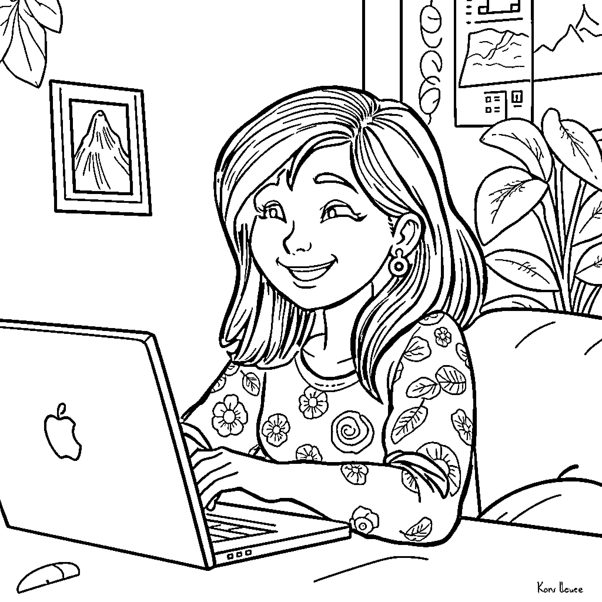 Dora Soth enjoys working on her laptop in her cozy home Coloring Page (free black-and-white line drawing printable PDF for all, from beginners to advanced learners, including children, teens, adults, and seniors)