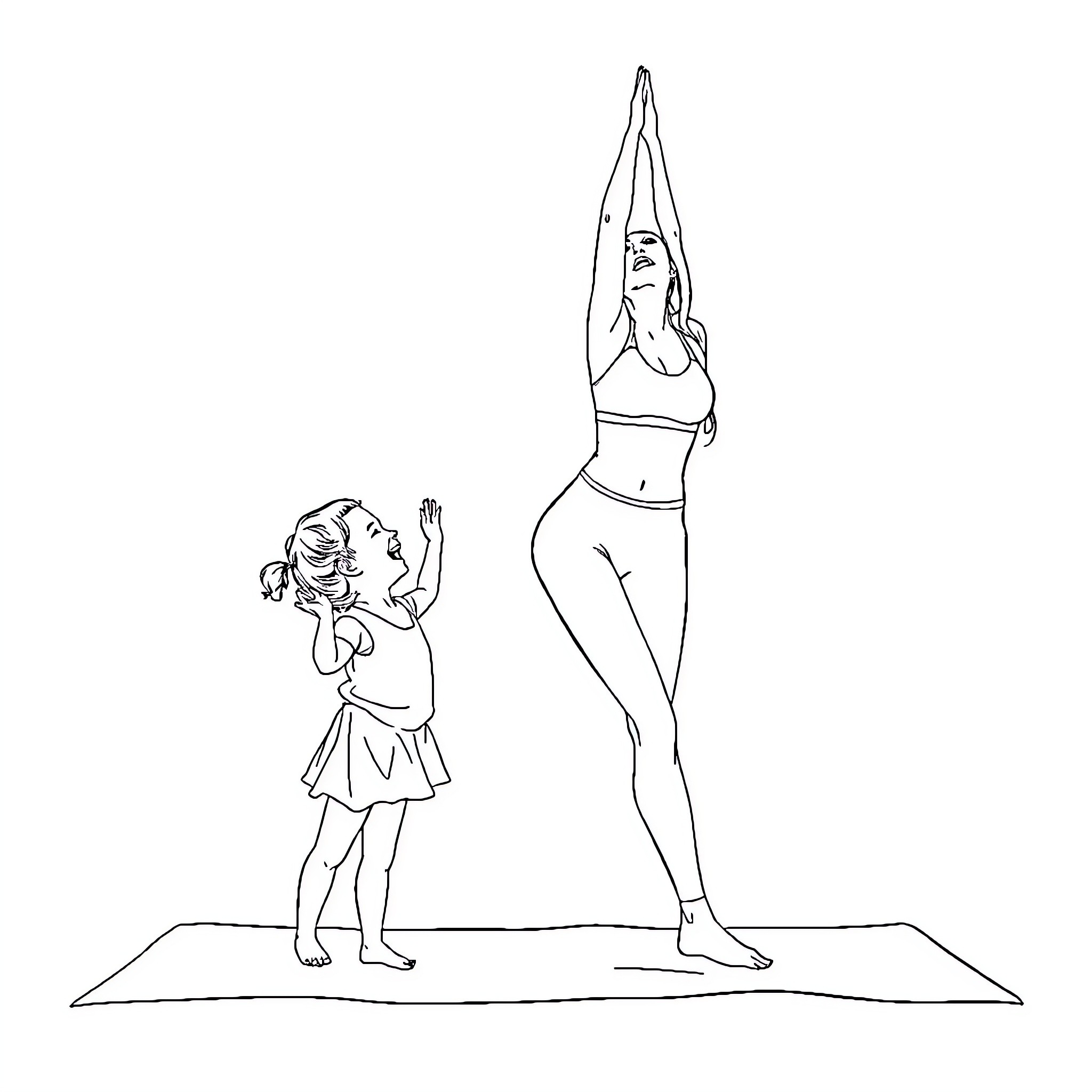 Mother and daughter practicing yoga together Coloring Page (free black-and-white line drawing printable PDF for all, from beginners to advanced learners, including children, teens, adults, and seniors)