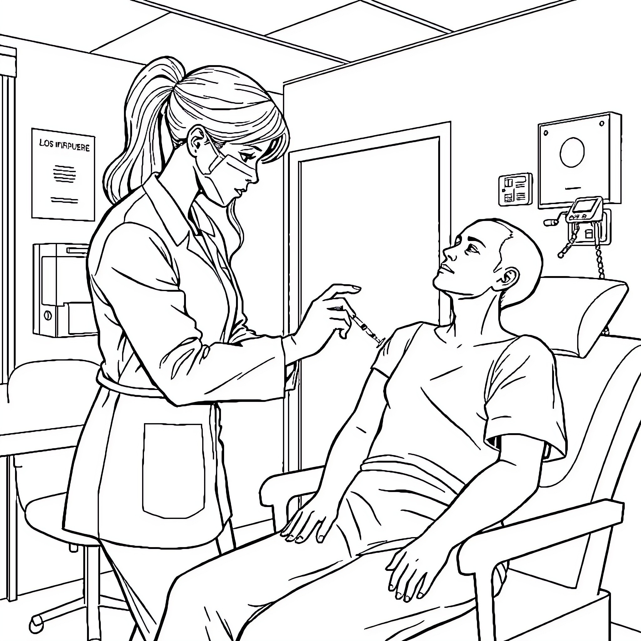 Infirmière examinant attentivement un patient dans un cabinet médical Coloring Page (free black-and-white line drawing printable PDF for all, from beginners to advanced learners, including children, teens, adults, and seniors)