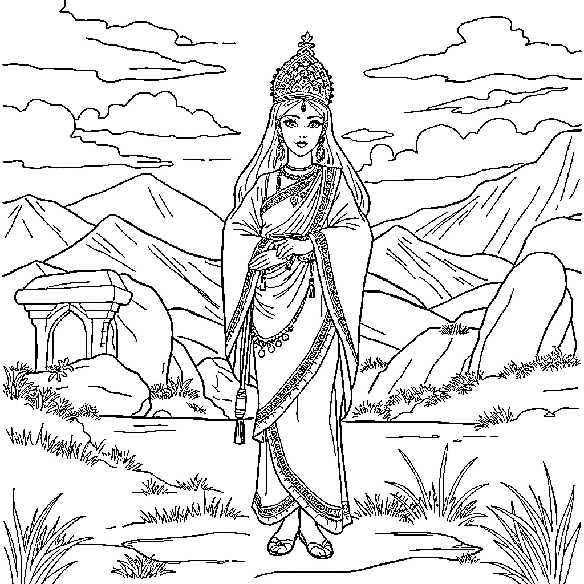 Dilraba's Graceful Presence in the Serene Landscape Coloring Page (free black-and-white line drawing printable PDF for all, from beginners to advanced learners, including children, teens, adults, and seniors)
