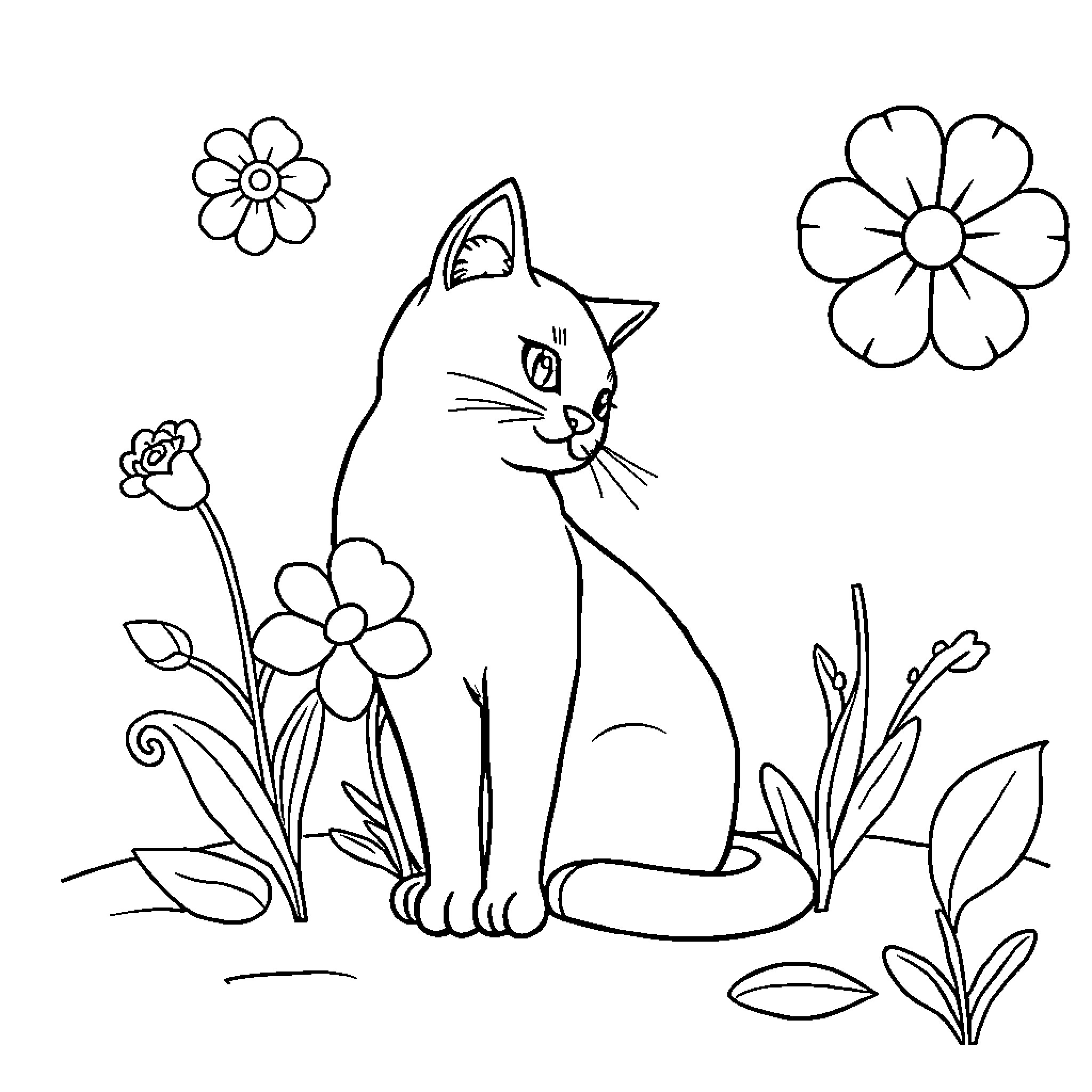 Line Drawing of Cat in Floral Surroundings Coloring Page (free black-and-white line drawing printable PDF for all, from beginners to advanced learners, including children, teens, adults, and seniors)