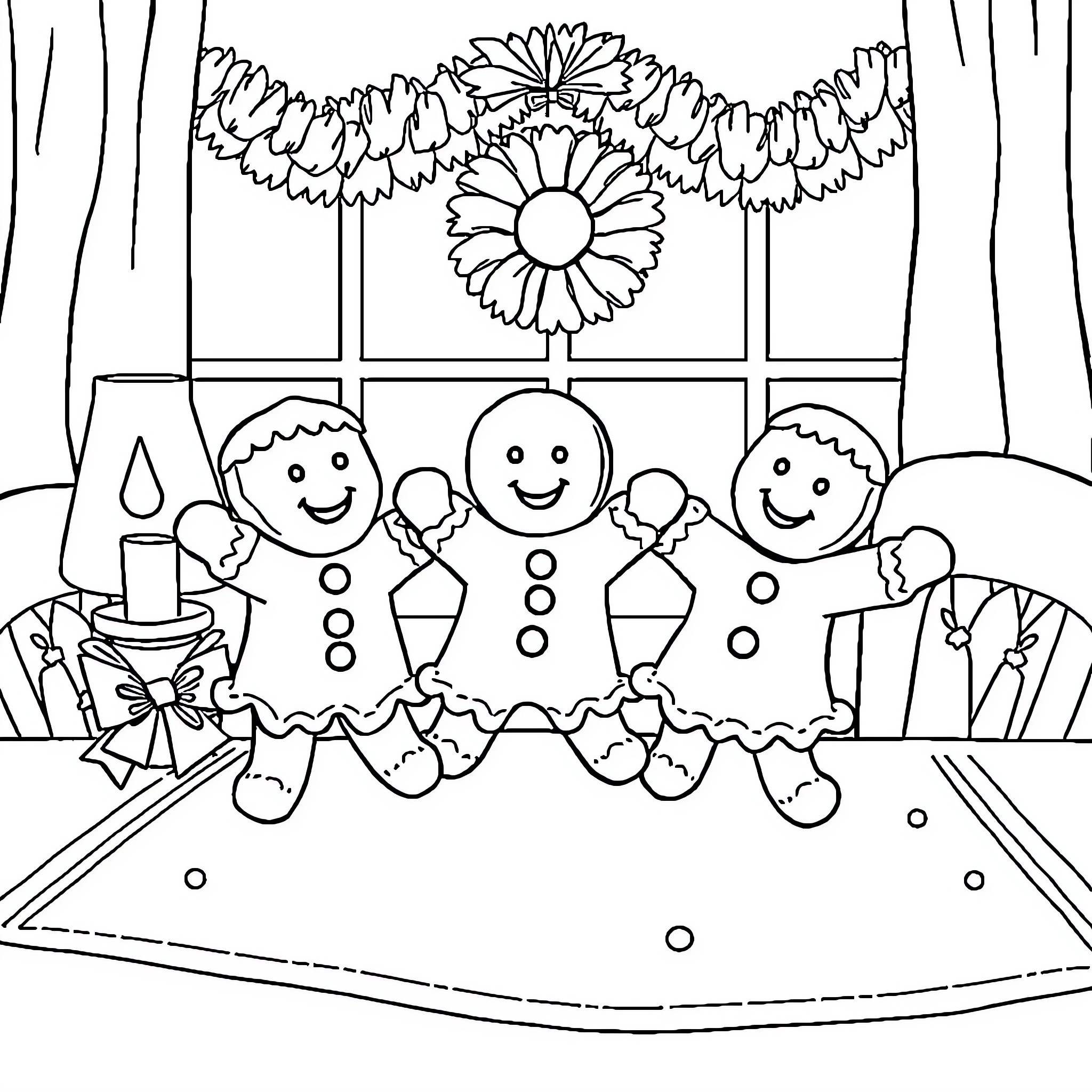 Gingerbread Cookies Decorating Festive Scene Coloring Page (free black-and-white line drawing printable PDF for all, from beginners to advanced learners, including children, teens, adults, and seniors)