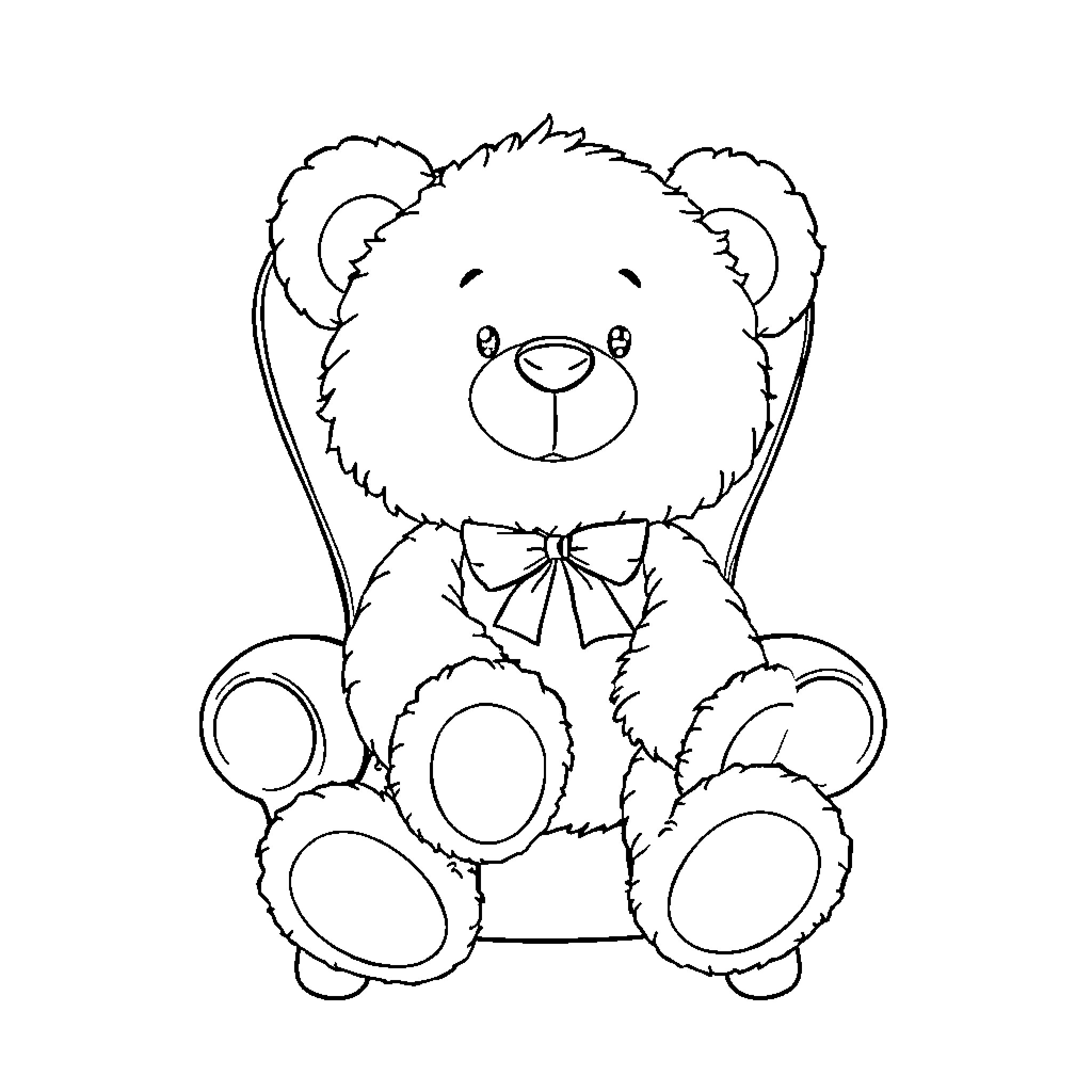 Teddy Bear with Bow Tie and Plush Appearance Coloring Page (free black-and-white line drawing printable PDF for all, from beginners to advanced learners, including children, teens, adults, and seniors)