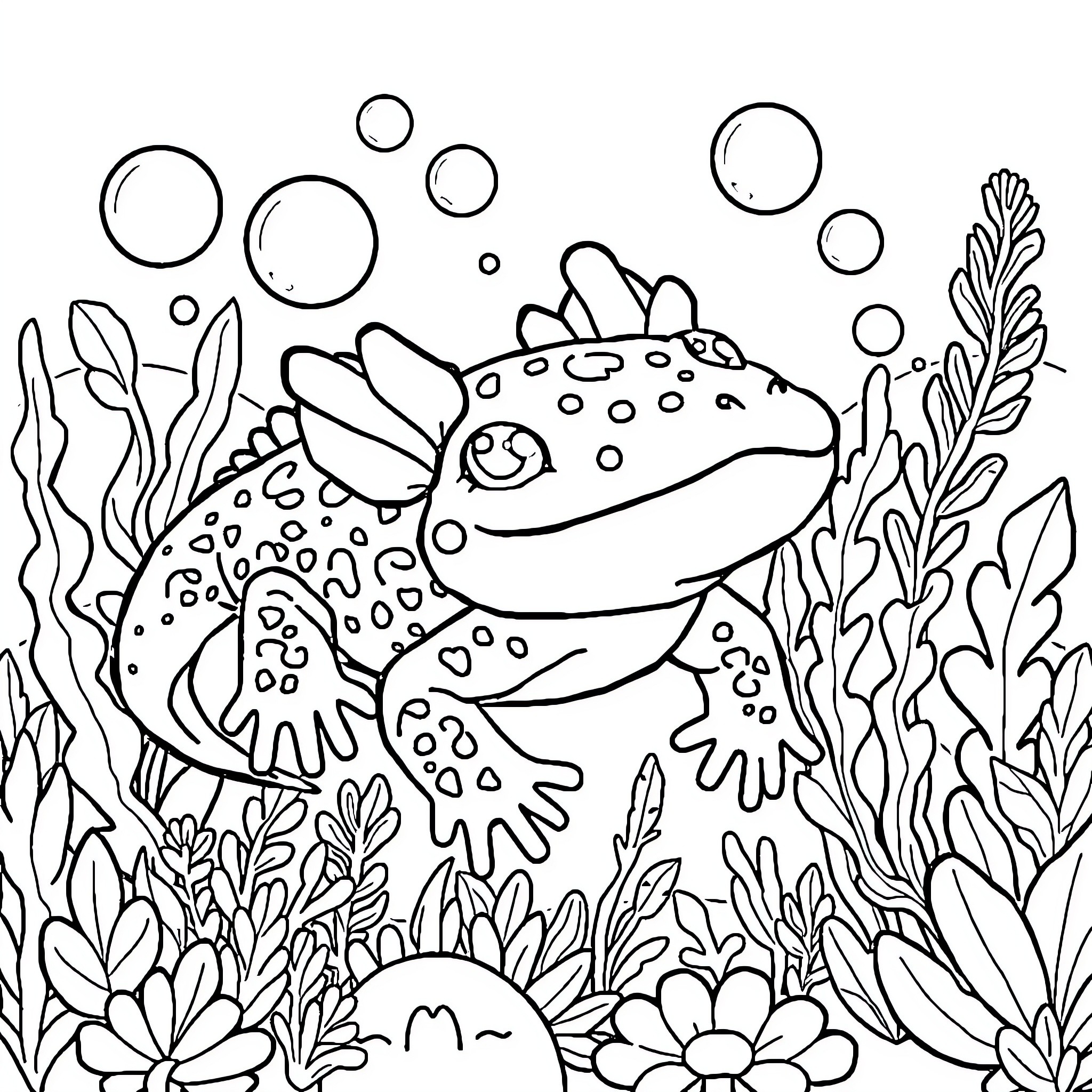 Axolotl exploring an underwater garden Coloring Page (free black-and-white line drawing printable PDF for all, from beginners to advanced learners, including children, teens, adults, and seniors)