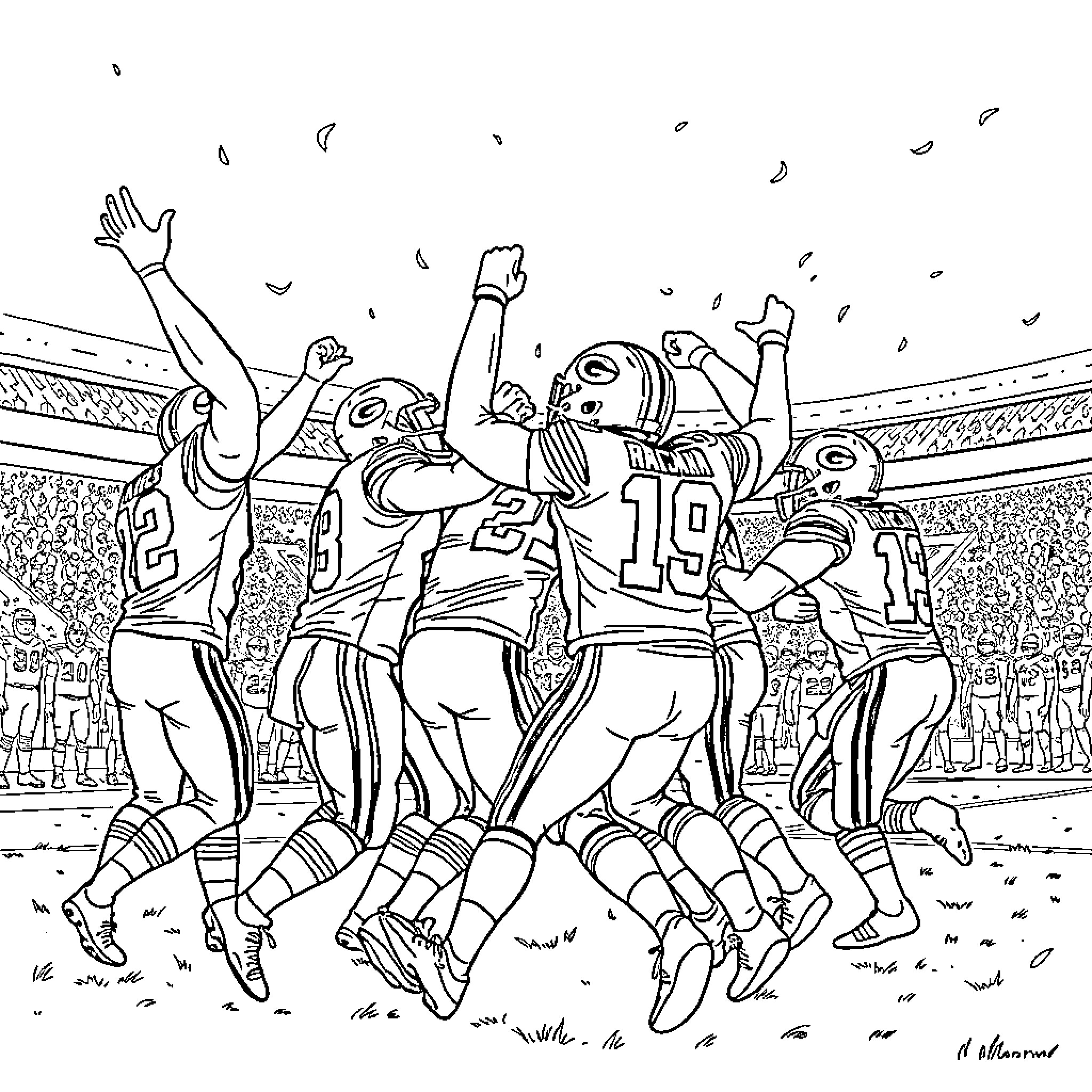 Packers players celebrating victory on the field Coloring Page (free black-and-white line drawing printable PDF for all, from beginners to advanced learners, including children, teens, adults, and seniors)