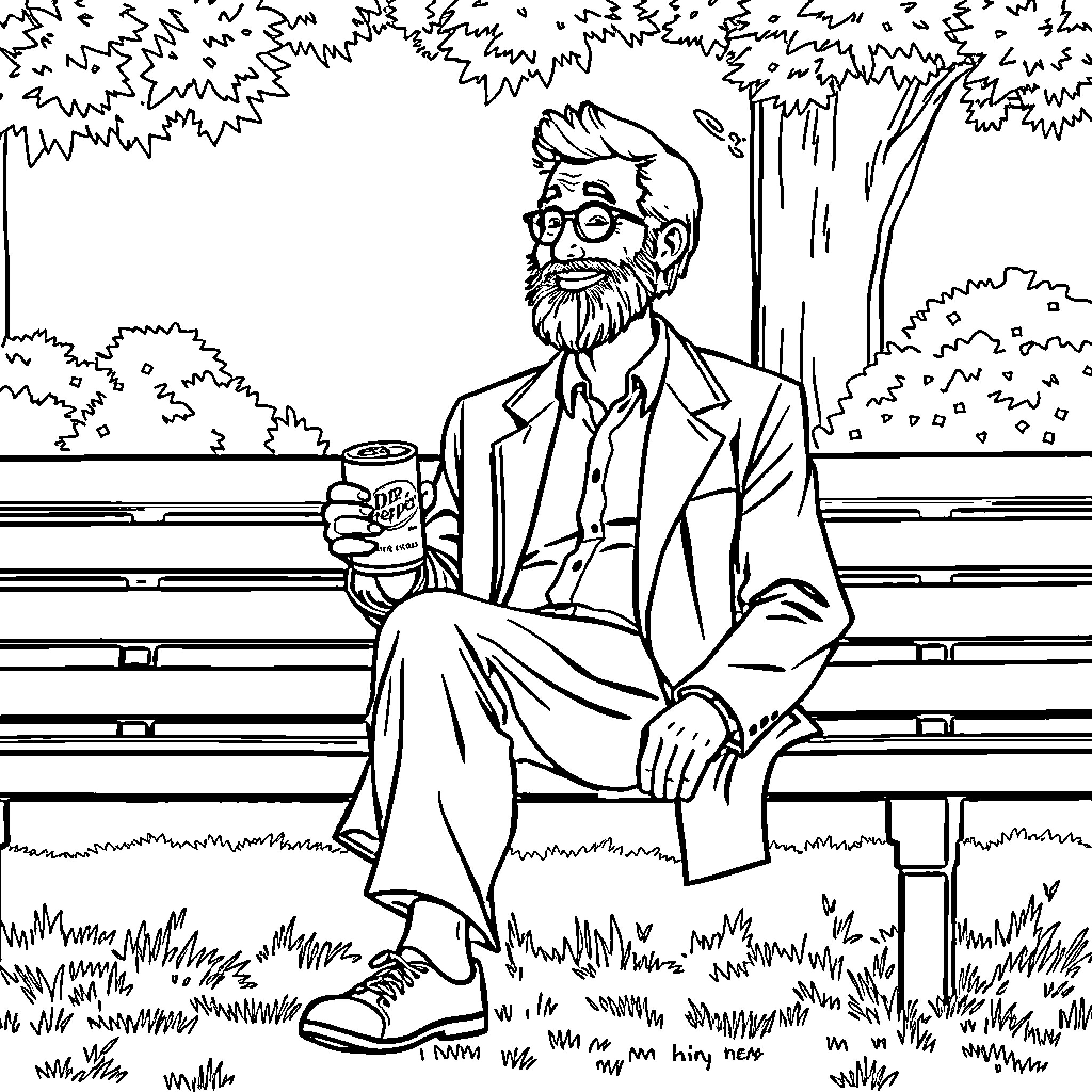 Forest Gump relaxing on a park bench Coloring Page (free black-and-white line drawing printable PDF for all, from beginners to advanced learners, including children, teens, adults, and seniors)