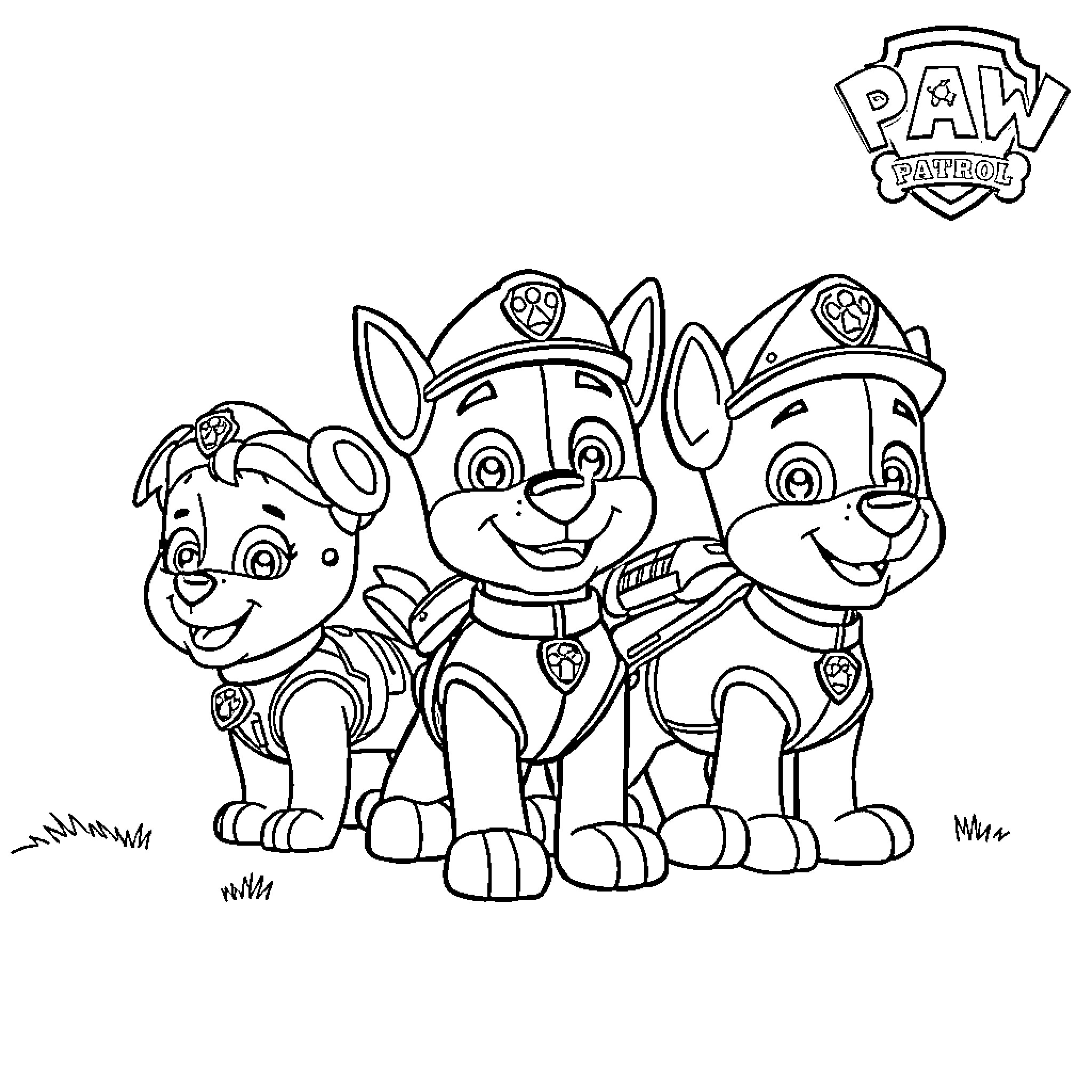 Paw Patrol Puppy Heroes in Action Coloring Page (free black-and-white line drawing printable PDF for all, from beginners to advanced learners, including children, teens, adults, and seniors)