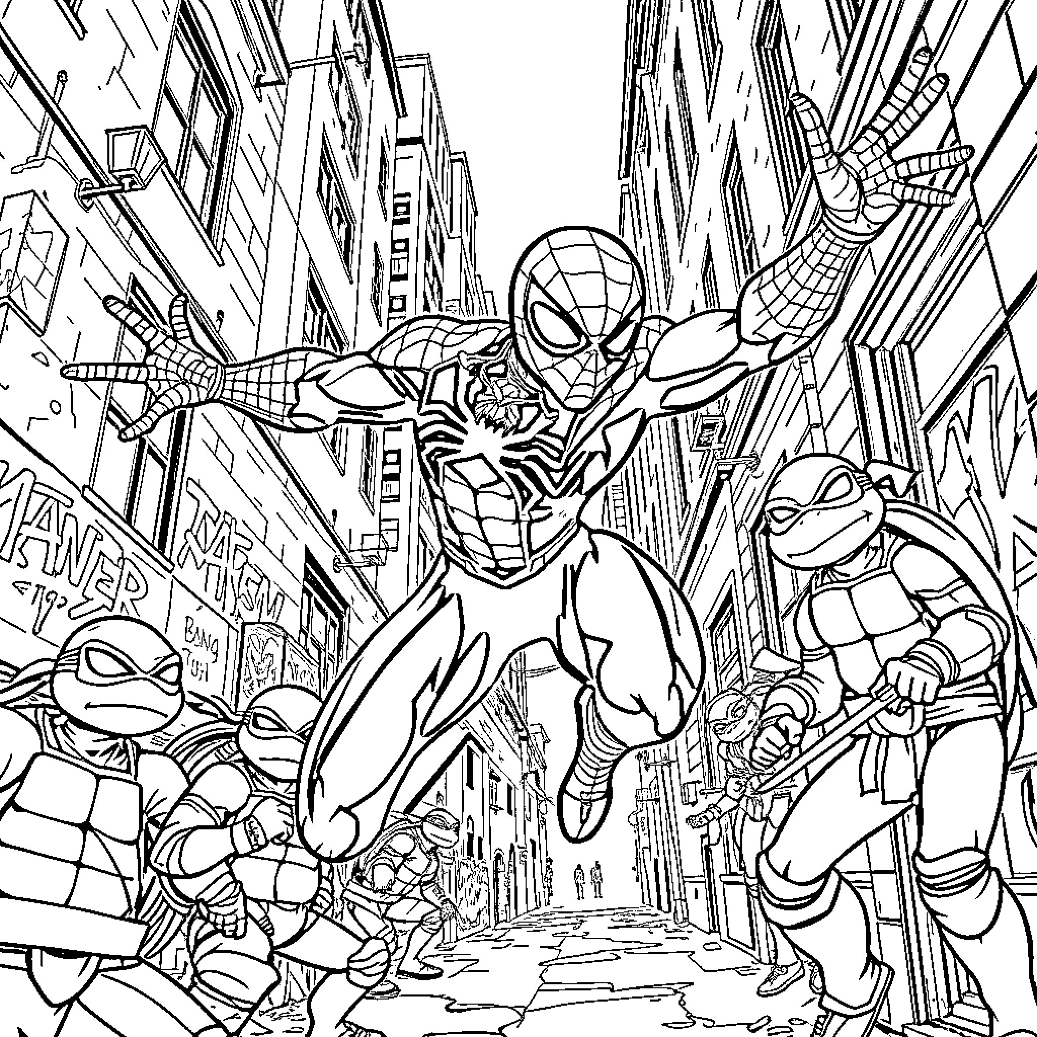 Spiderman swinging through the city, surrounded by action Coloring Page (free black-and-white line drawing printable PDF for all, from beginners to advanced learners, including children, teens, adults, and seniors)