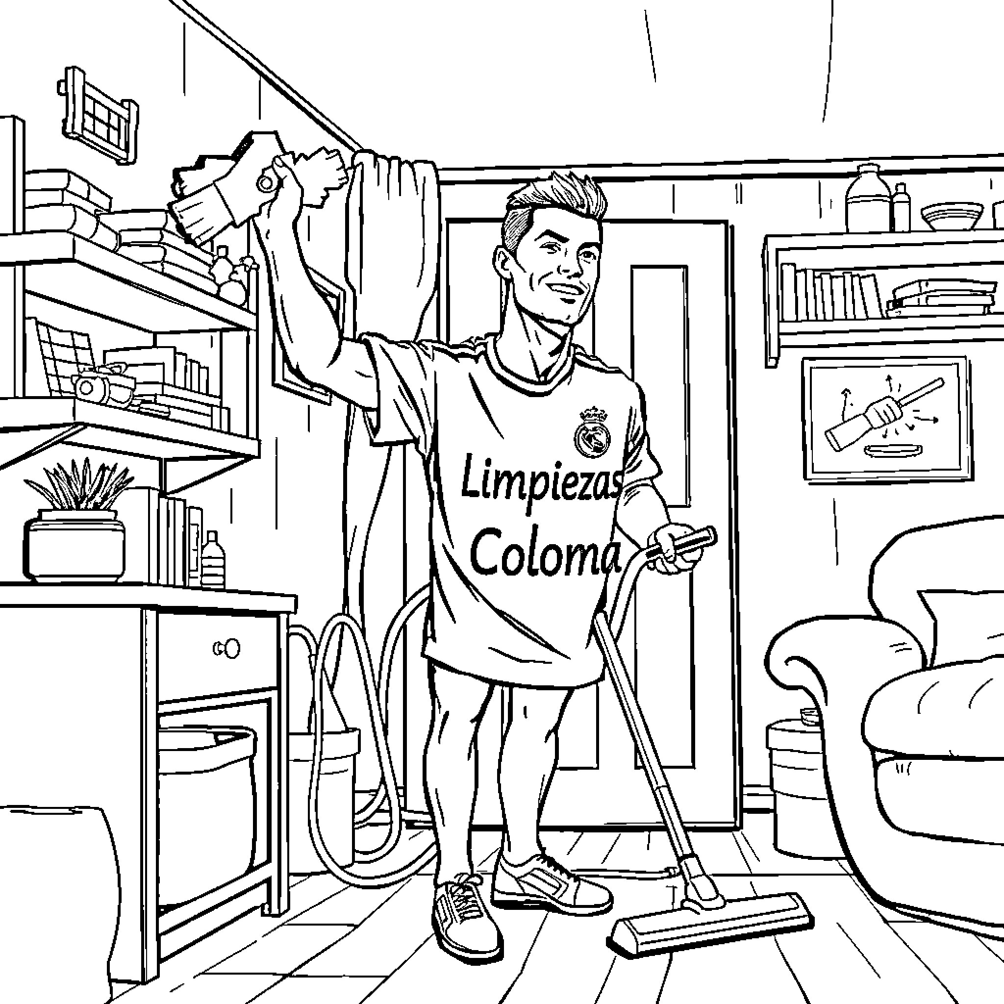 Cristiano Ronaldo Cleaning Enthusiastically in a Messy Room Coloring Page (free black-and-white line drawing printable PDF for all, from beginners to advanced learners, including children, teens, adults, and seniors)