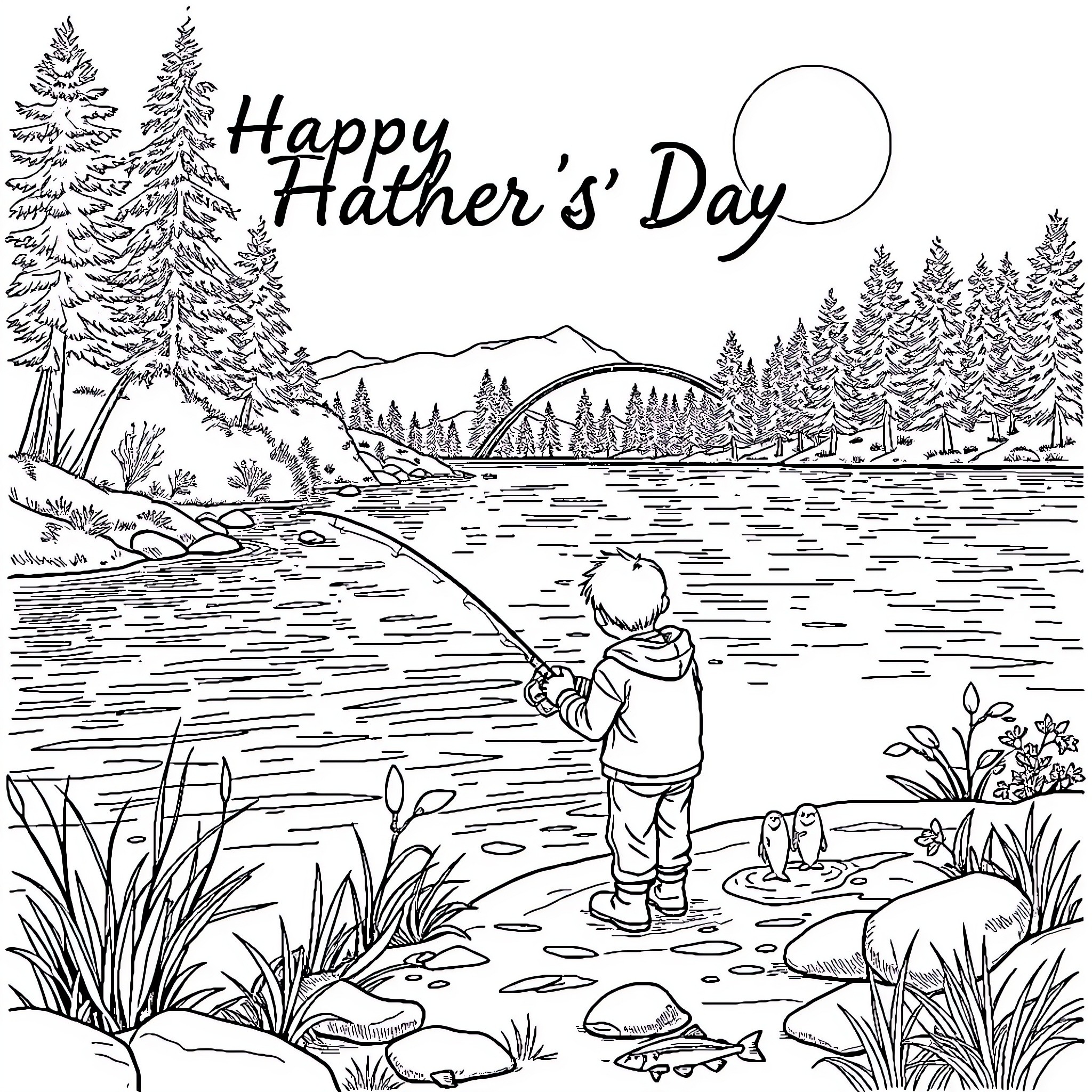 Salmon fishing on Father's Day scenic landscape Coloring Page (free black-and-white line drawing printable PDF for all, from beginners to advanced learners, including children, teens, adults, and seniors)