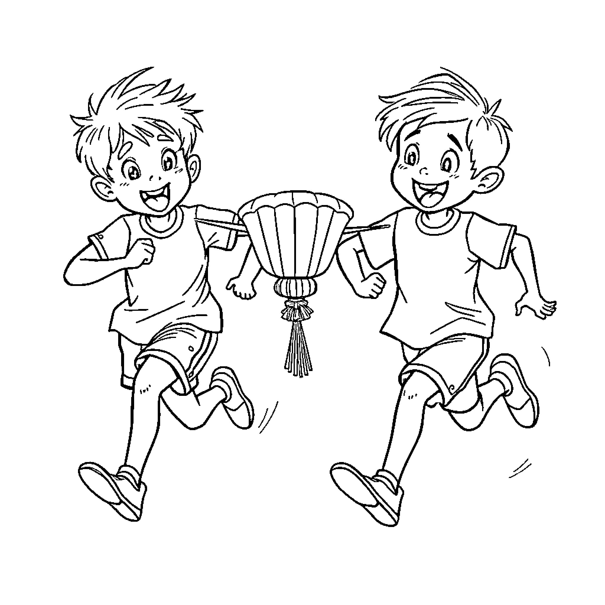 Boy Celebrating With Friends Holding Trophy Coloring Page (free black-and-white line drawing printable PDF for all, from beginners to advanced learners, including children, teens, adults, and seniors)