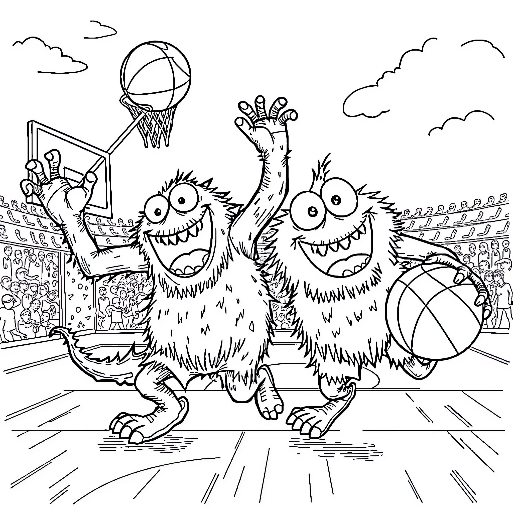 Monster basketball players celebrating on the court Coloring Page (free black-and-white line drawing printable PDF for all, from beginners to advanced learners, including children, teens, adults, and seniors)