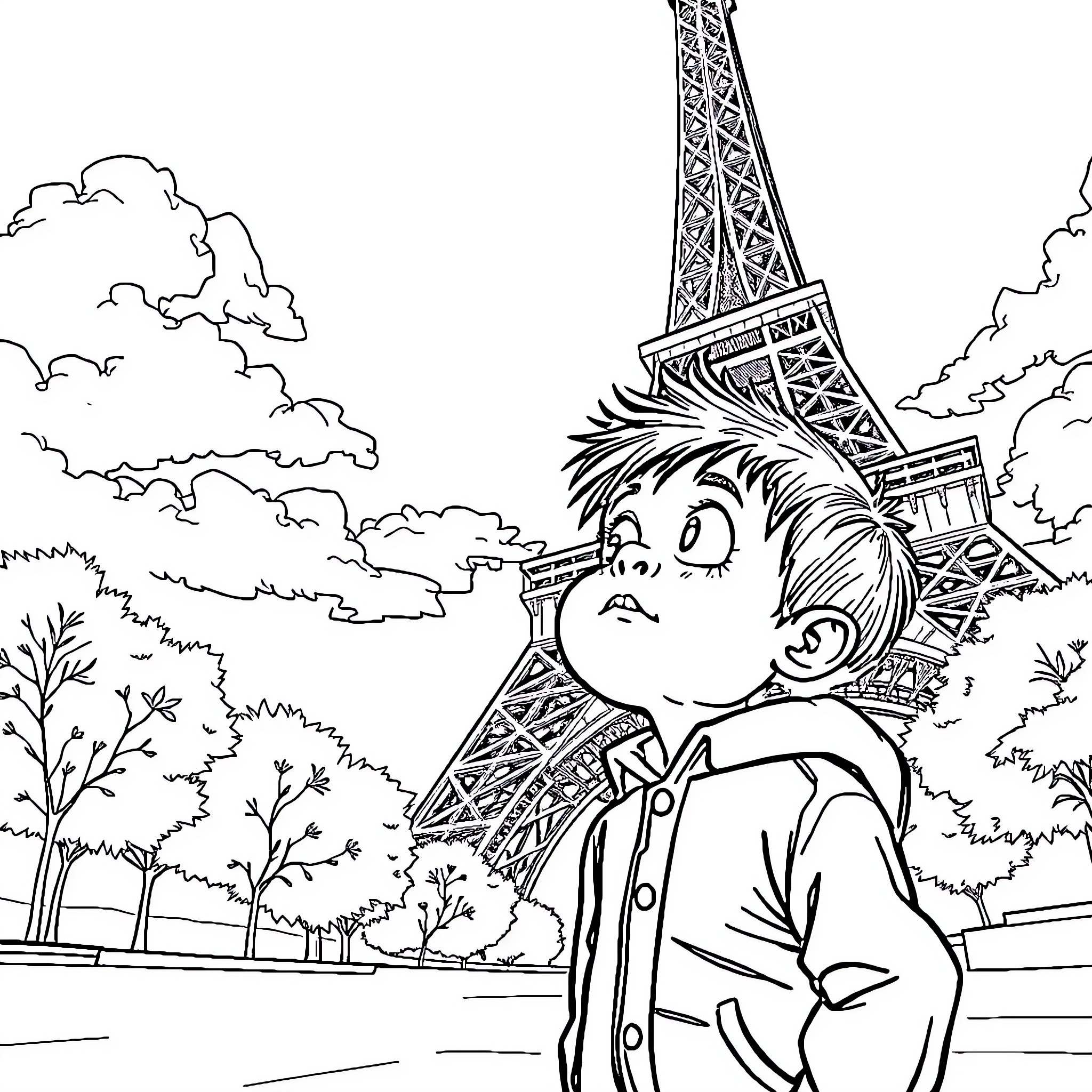 Boy exploring the sights of Paris Coloring Page (free black-and-white line drawing printable PDF for all, from beginners to advanced learners, including children, teens, adults, and seniors)