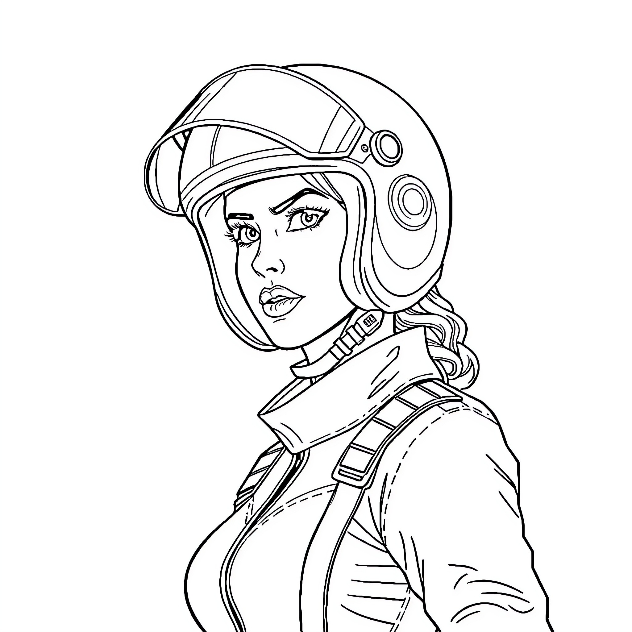Speed Racer: Brave Female Pilot in Futuristic Gear Coloring Page (free black-and-white line drawing printable PDF for all, from beginners to advanced learners, including children, teens, adults, and seniors)