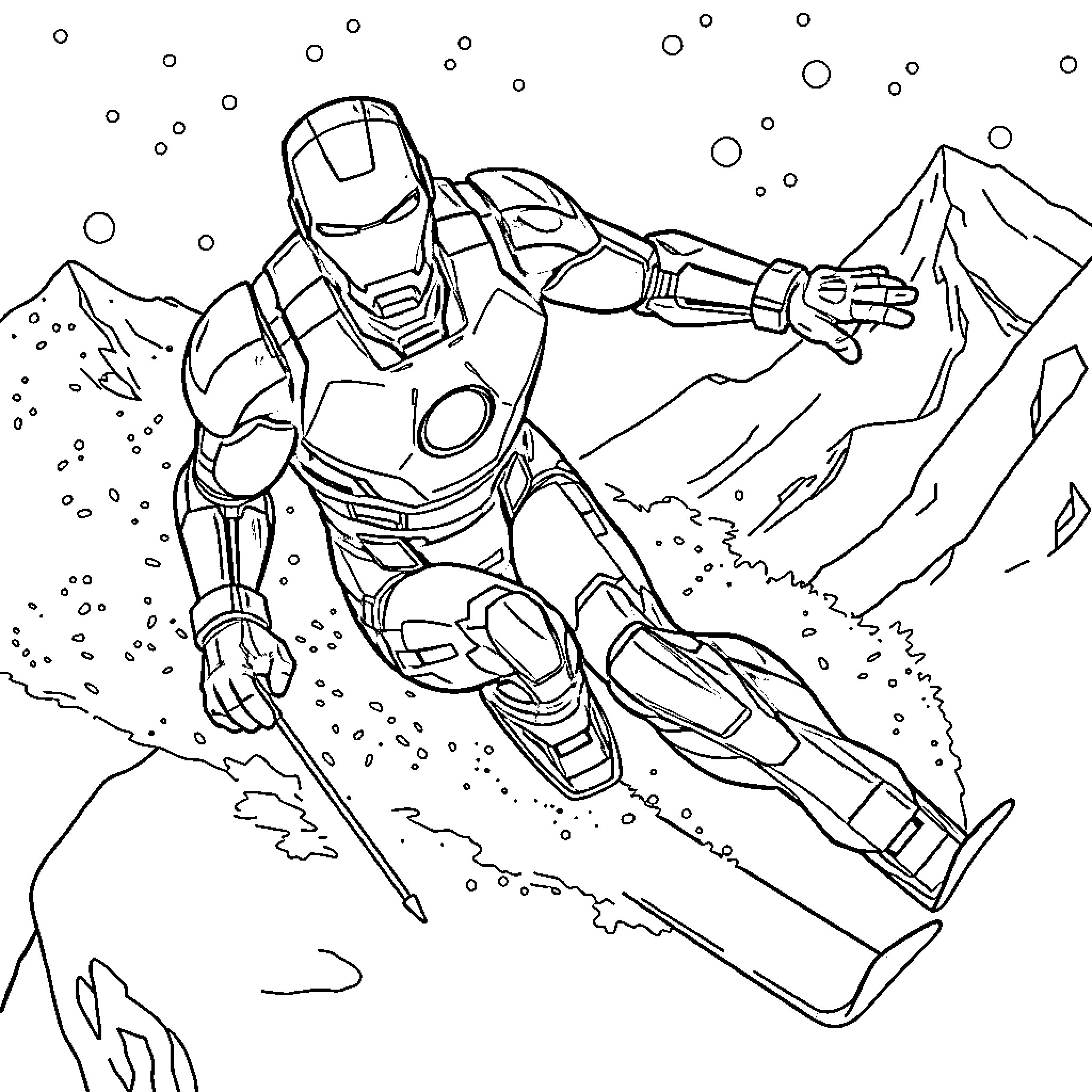 Ironman flying through a snowy mountain landscape Coloring Page (free black-and-white line drawing printable PDF for all, from beginners to advanced learners, including children, teens, adults, and seniors)