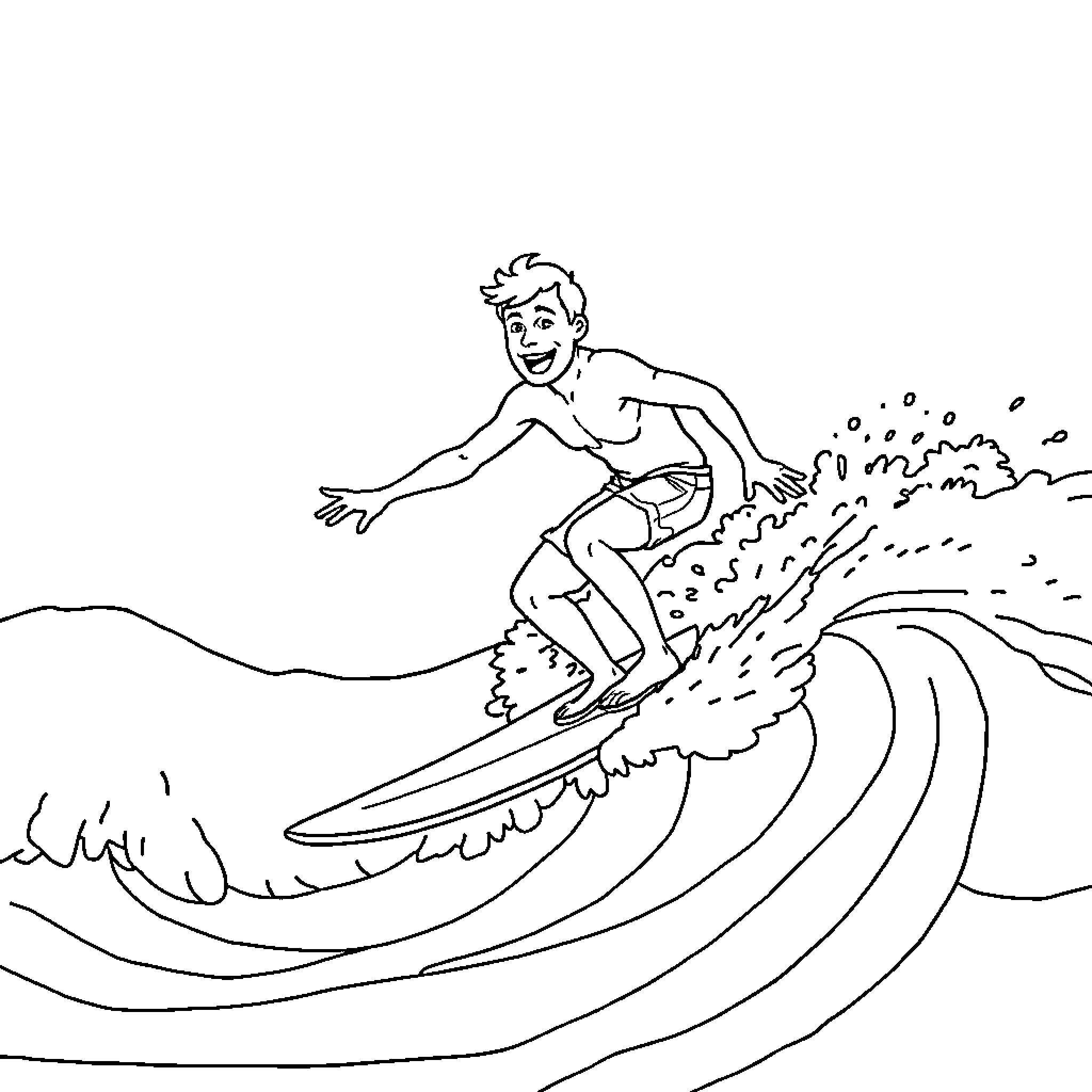 Surfer riding the waves with joy Coloring Page (free black-and-white line drawing printable PDF for all, from beginners to advanced learners, including children, teens, adults, and seniors)