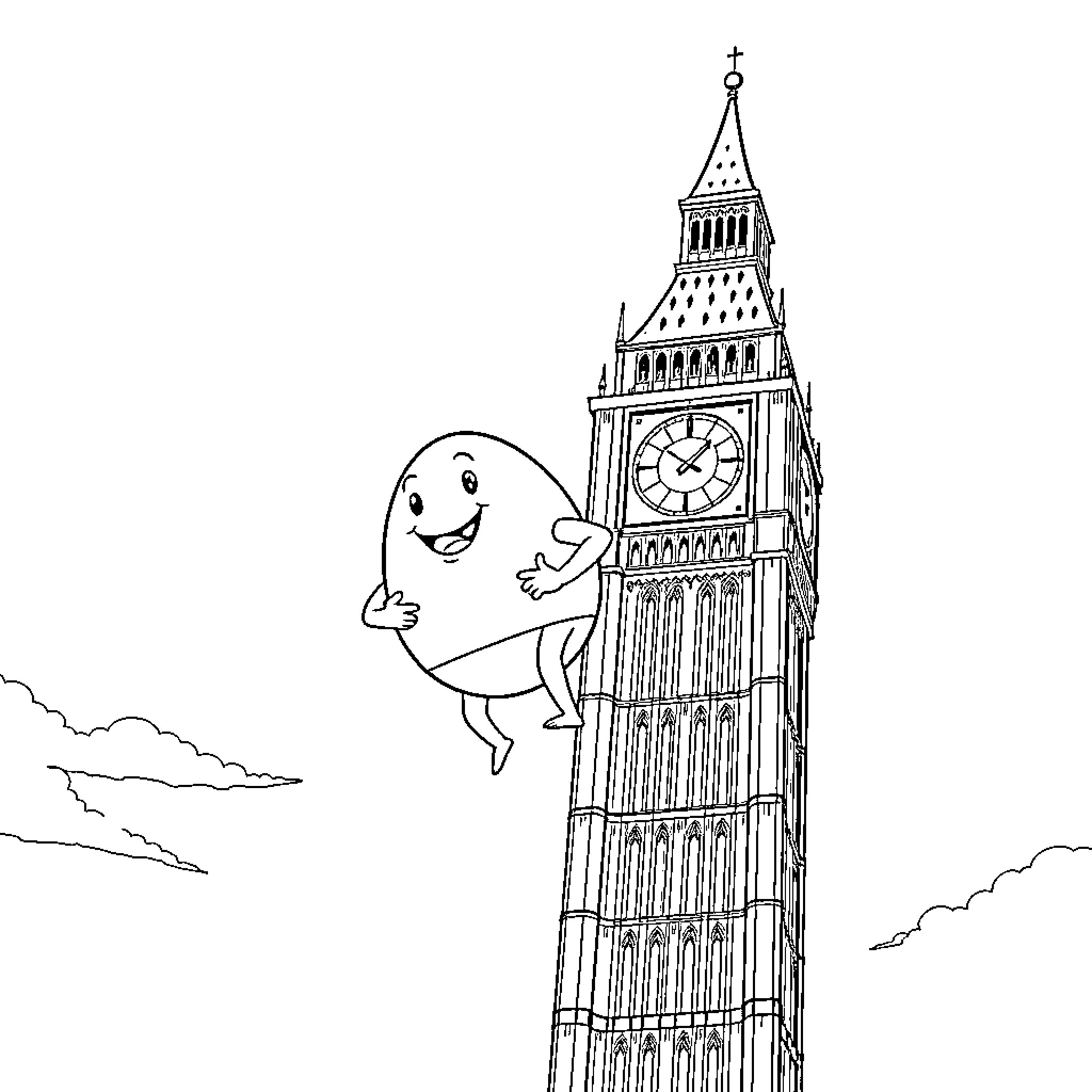 Humpty Dumpty climbing Big Ben in London Coloring Page (free black-and-white line drawing printable PDF for all, from beginners to advanced learners, including children, teens, adults, and seniors)