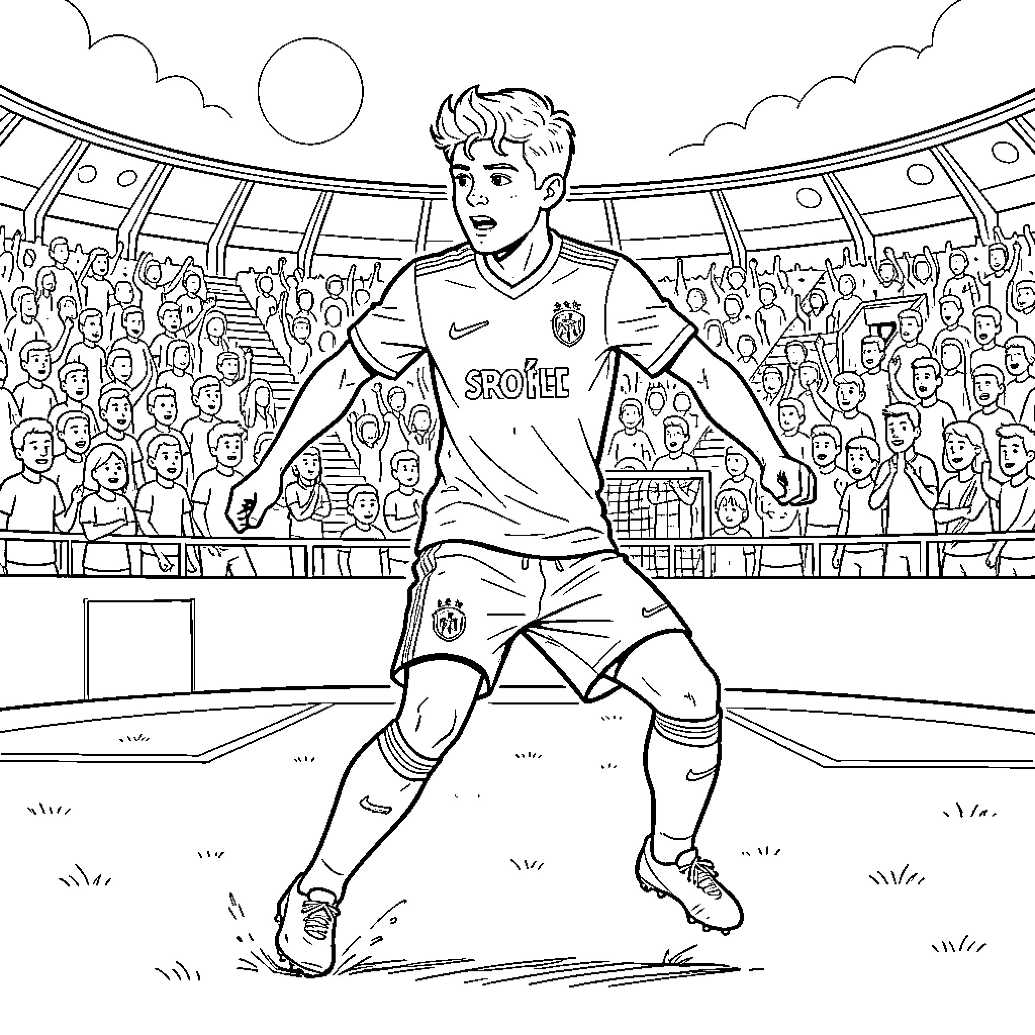 Szoboszlai playing soccer in the stadium Coloring Page (free black-and-white line drawing printable PDF for all, from beginners to advanced learners, including children, teens, adults, and seniors)