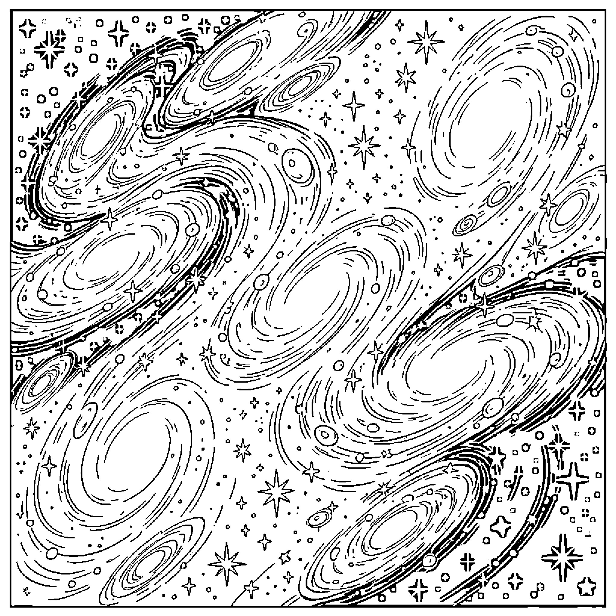Universe of Cosmic Patterns and Celestial Shapes Coloring Page (free black-and-white line drawing printable PDF for all, from beginners to advanced learners, including children, teens, adults, and seniors)