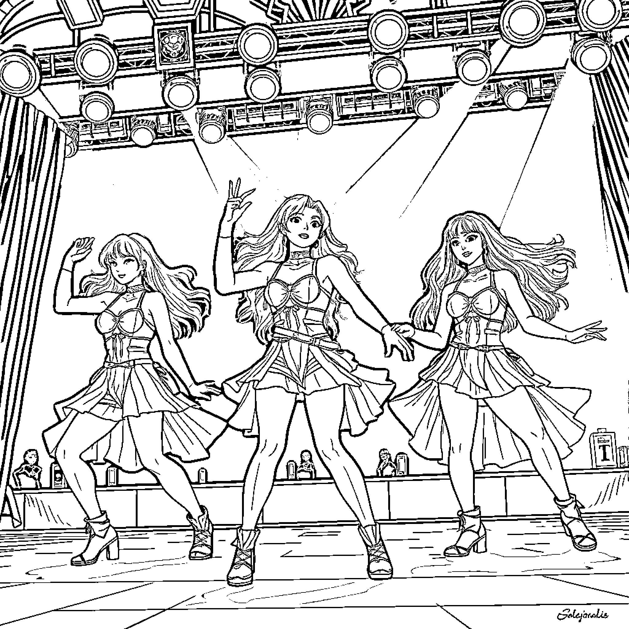 K-Pop Warriors Performing on Stage Coloring Page (free black-and-white line drawing printable PDF for all, from beginners to advanced learners, including children, teens, adults, and seniors)