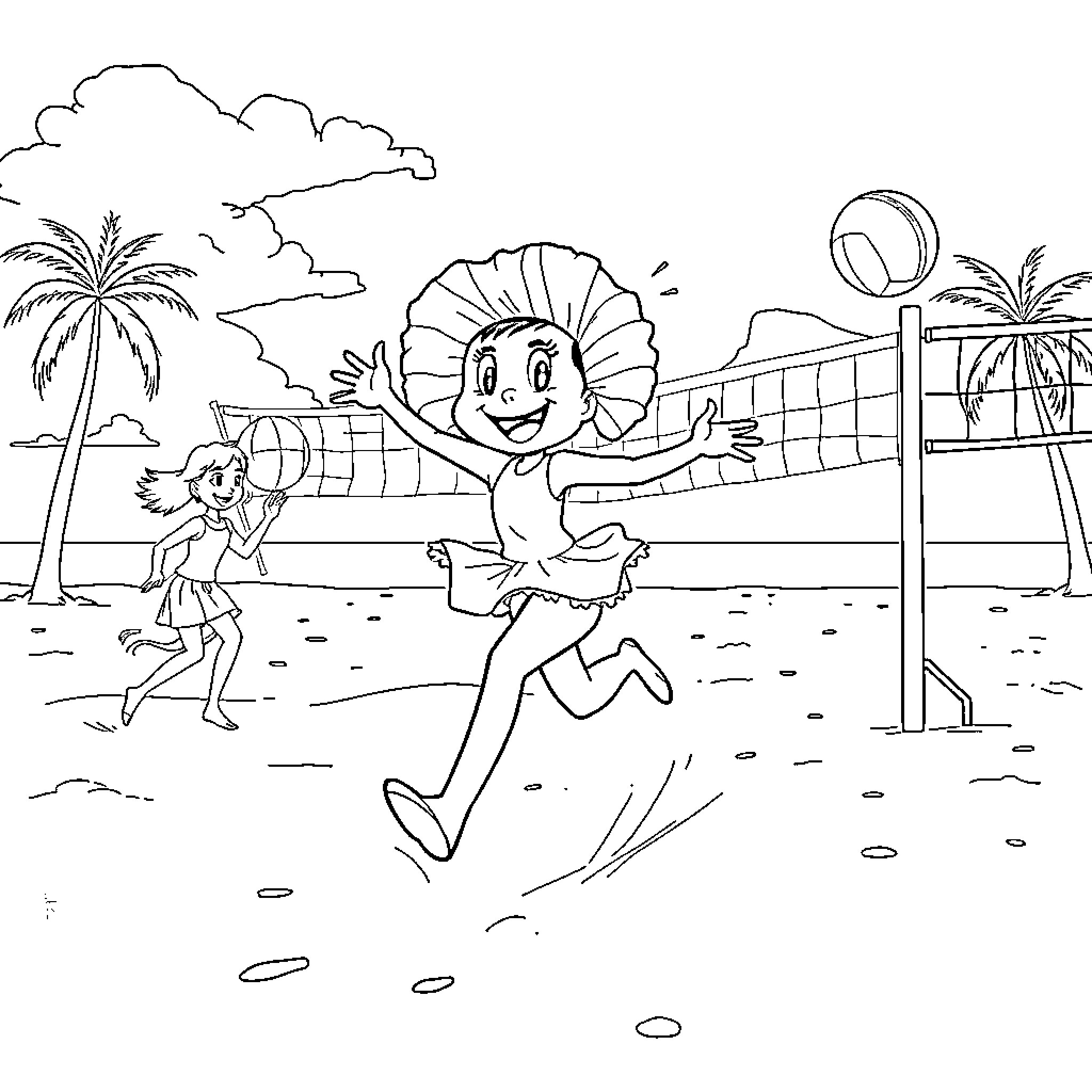 Poppy playing volleyball on the beach Coloring Page (free black-and-white line drawing printable PDF for all, from beginners to advanced learners, including children, teens, adults, and seniors)