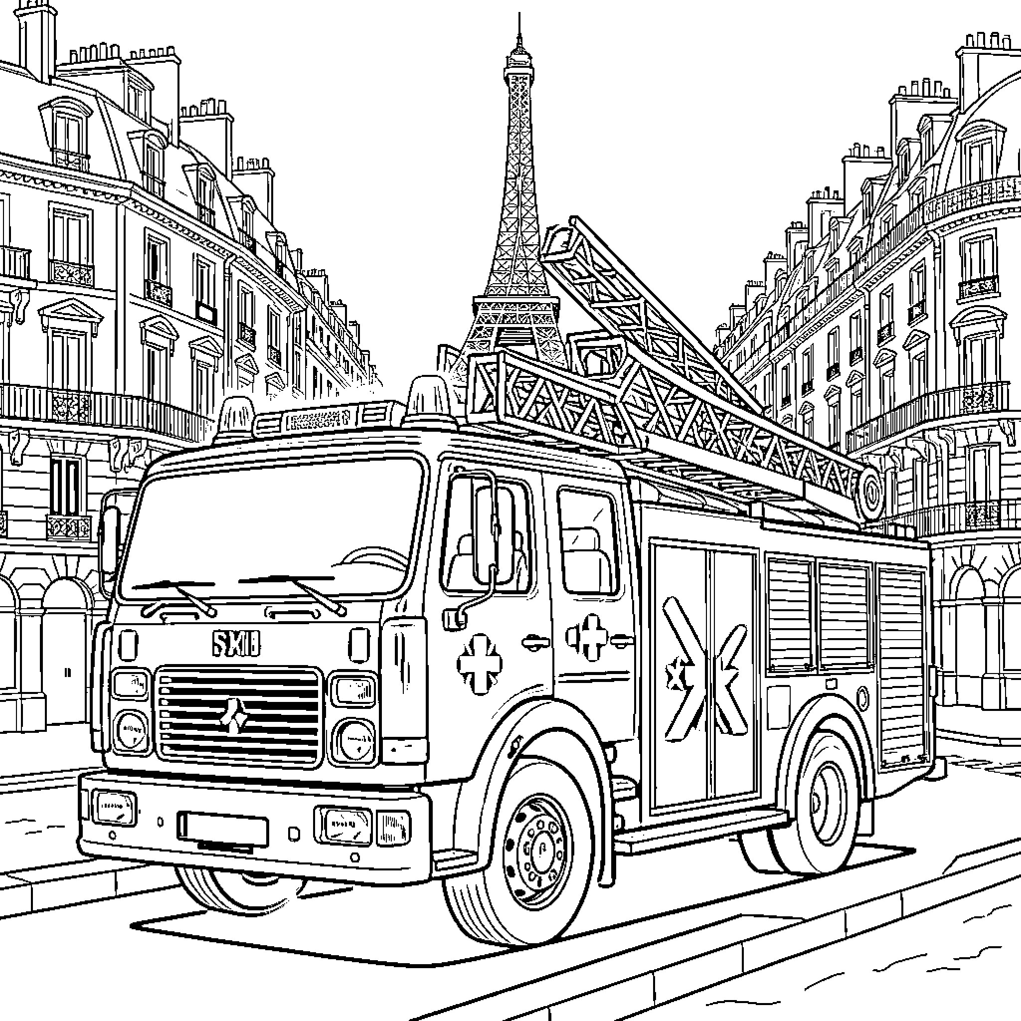 Fire Truck responding to an emergency in Paris Coloring Page (free black-and-white line drawing printable PDF for all, from beginners to advanced learners, including children, teens, adults, and seniors)