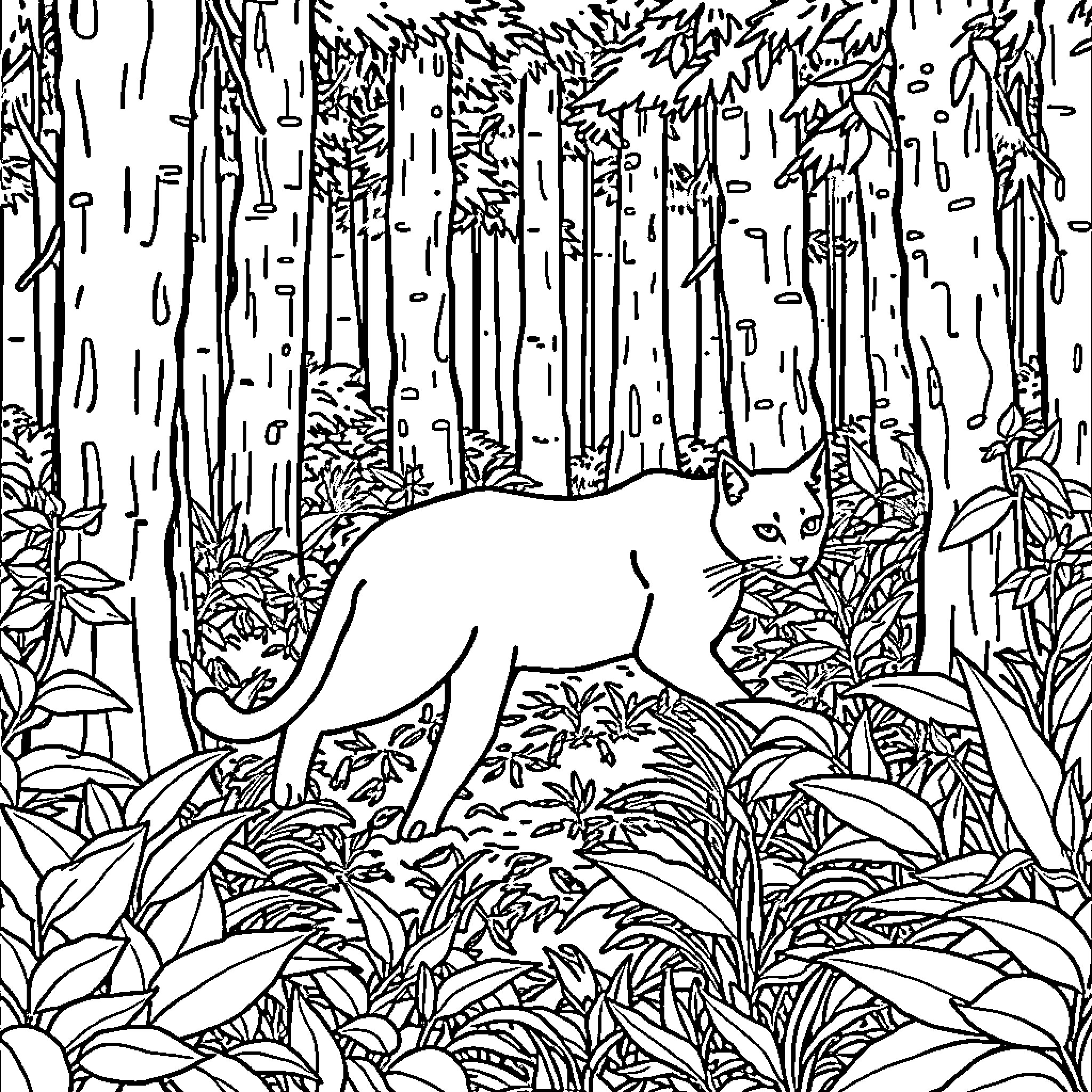 Cat exploring lush forest landscape Coloring Page (free black-and-white line drawing printable PDF for all, from beginners to advanced learners, including children, teens, adults, and seniors)