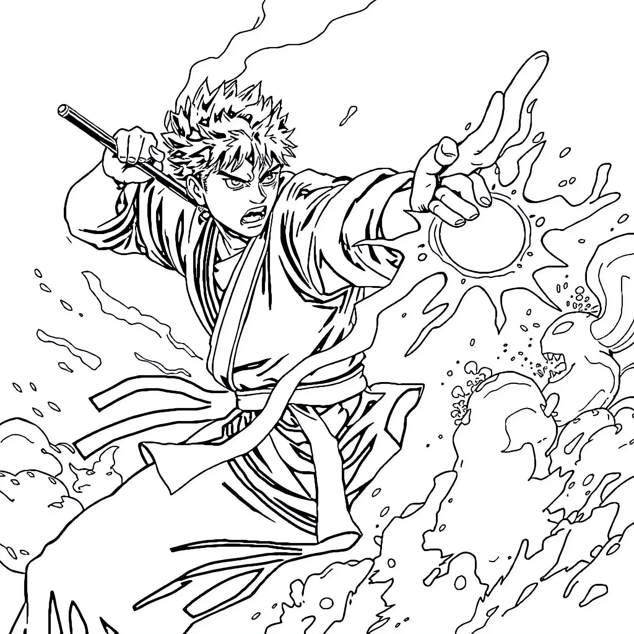 Jujutsu Kaisen: Intense Magical Combat Scene Coloring Page (free black-and-white line drawing printable PDF for all, from beginners to advanced learners, including children, teens, adults, and seniors)