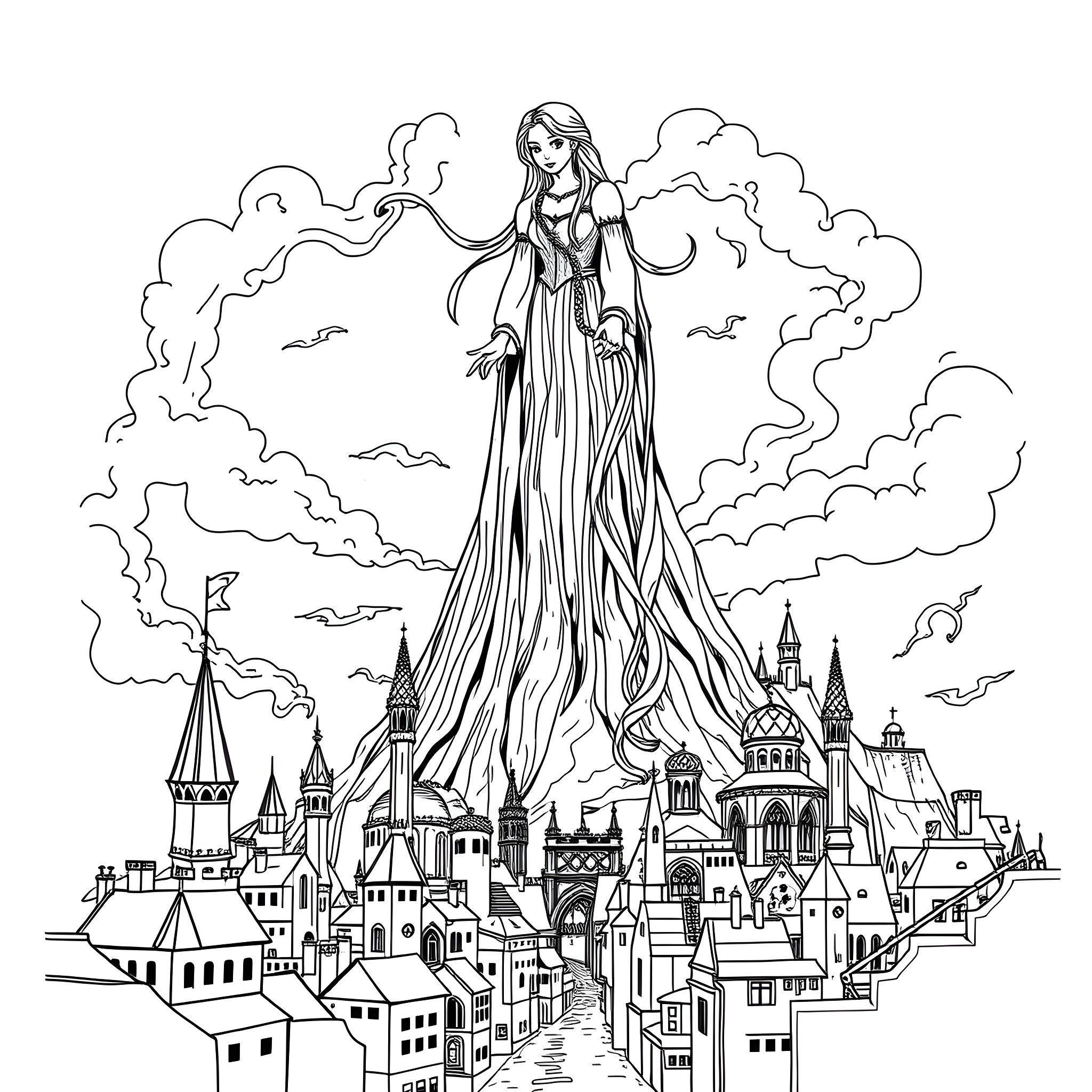 Giantess Observing a Fantastical City Coloring Page (free black-and-white line drawing printable PDF for all, from beginners to advanced learners, including children, teens, adults, and seniors)