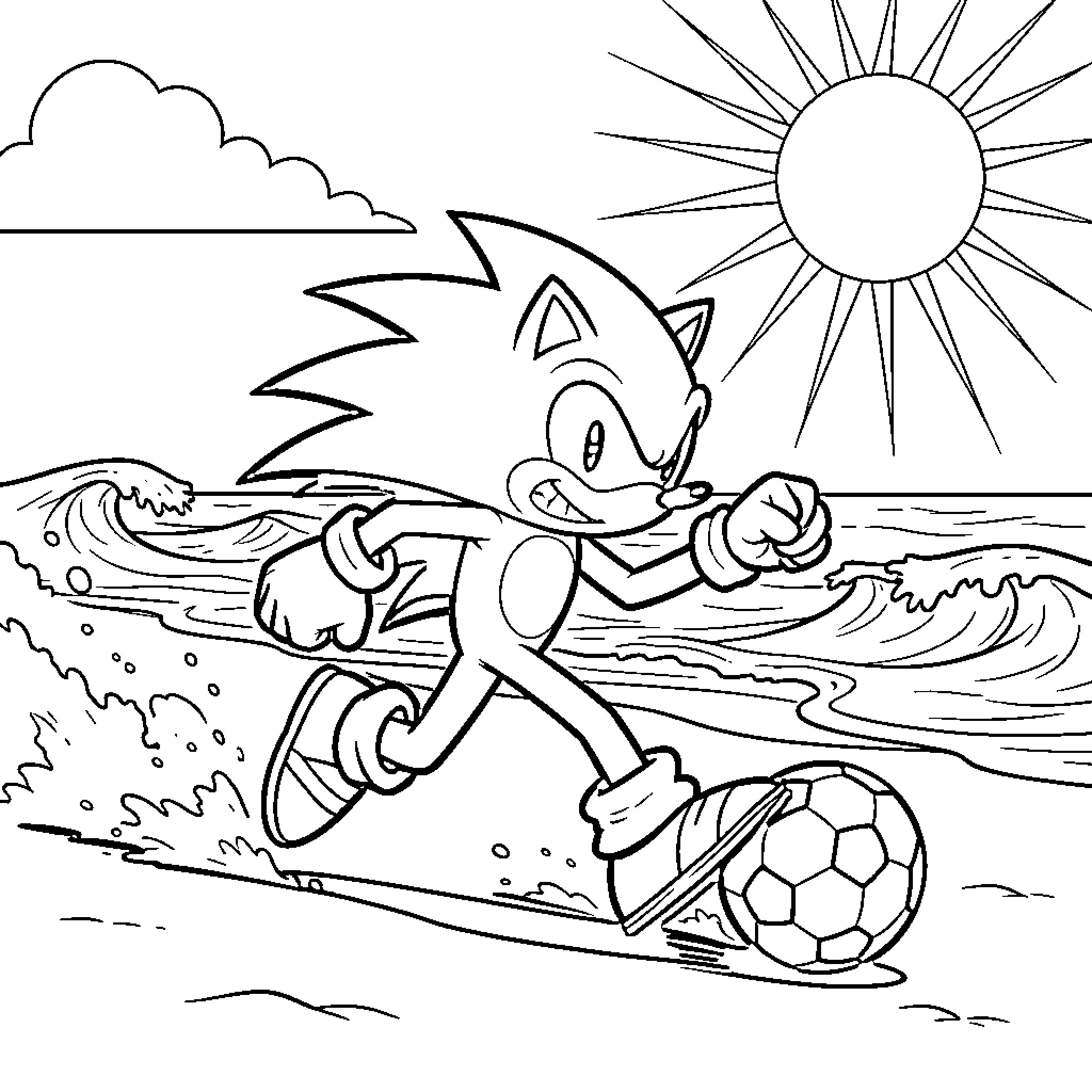 Sonic running and playing soccer on the beach Coloring Page (free black-and-white line drawing printable PDF for all, from beginners to advanced learners, including children, teens, adults, and seniors)