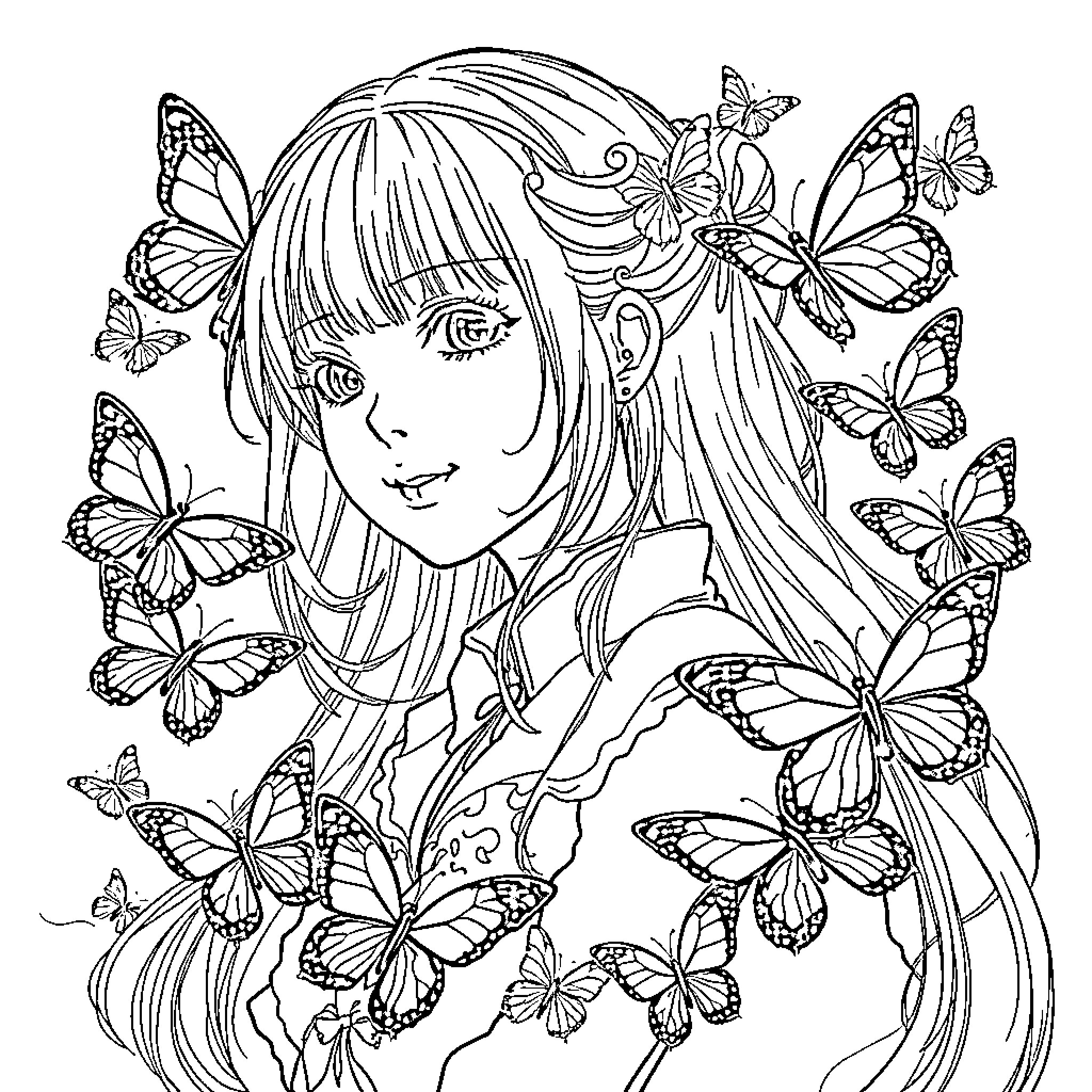 Mira's Enchanting Butterfly Garden Coloring Page (free black-and-white line drawing printable PDF for all, from beginners to advanced learners, including children, teens, adults, and seniors)
