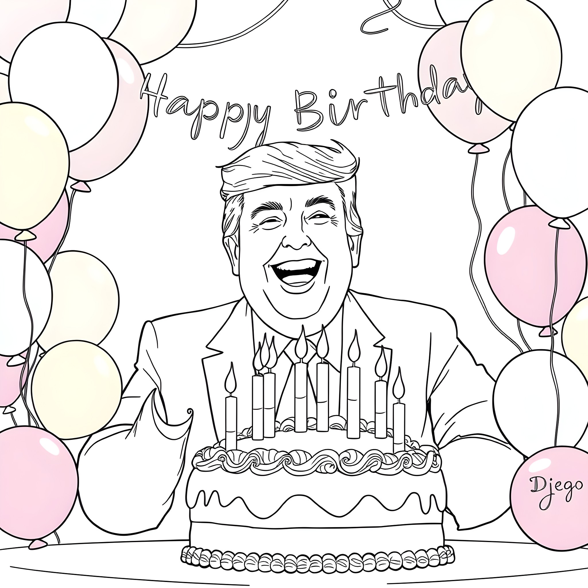 Donald Trump Happy Birthday with Balloons Coloring Page (free black-and-white line drawing printable PDF for all, from beginners to advanced learners, including children, teens, adults, and seniors)