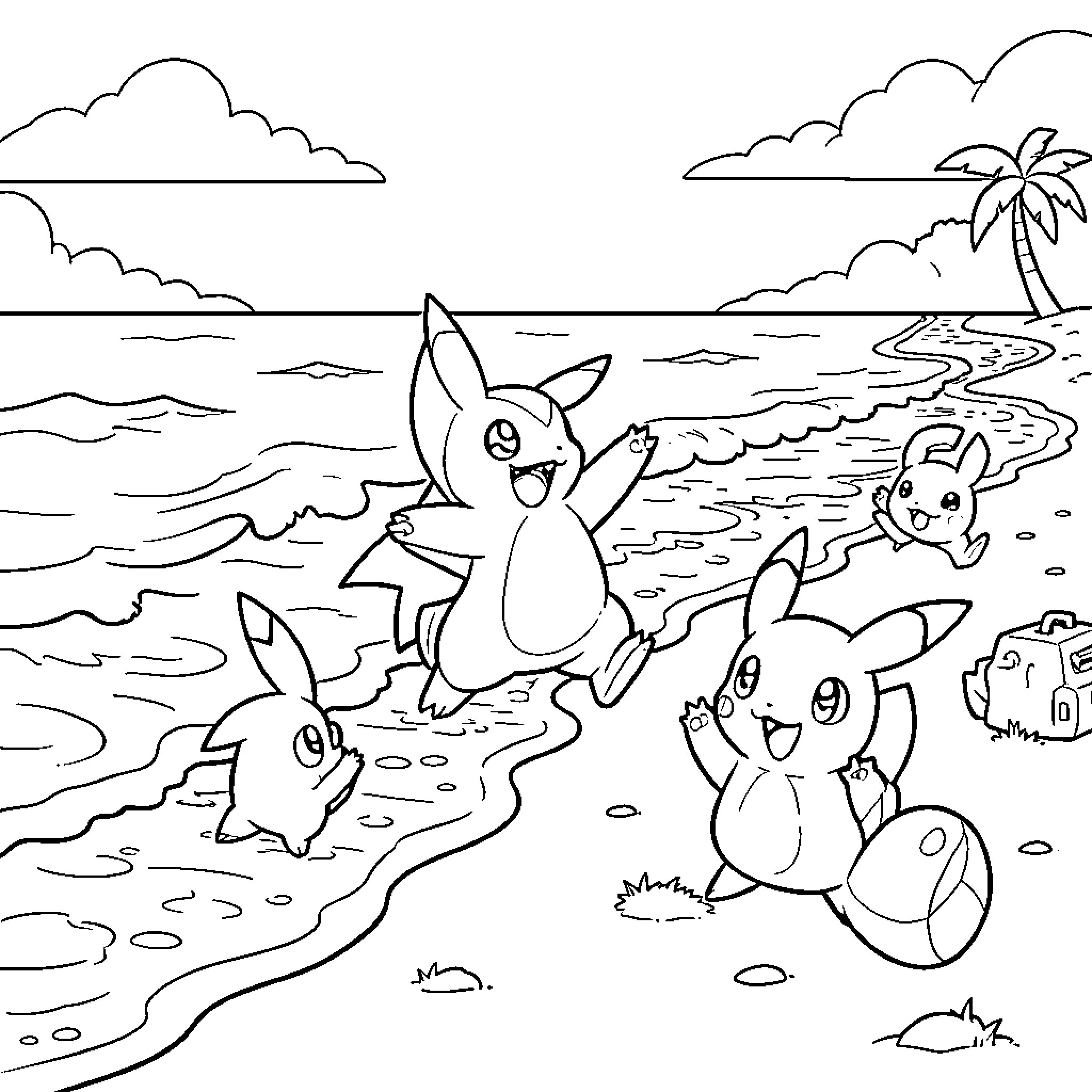 Pokémon playing joyfully along the sunny beach shoreline Coloring Page (free black-and-white line drawing printable PDF for all, from beginners to advanced learners, including children, teens, adults, and seniors)