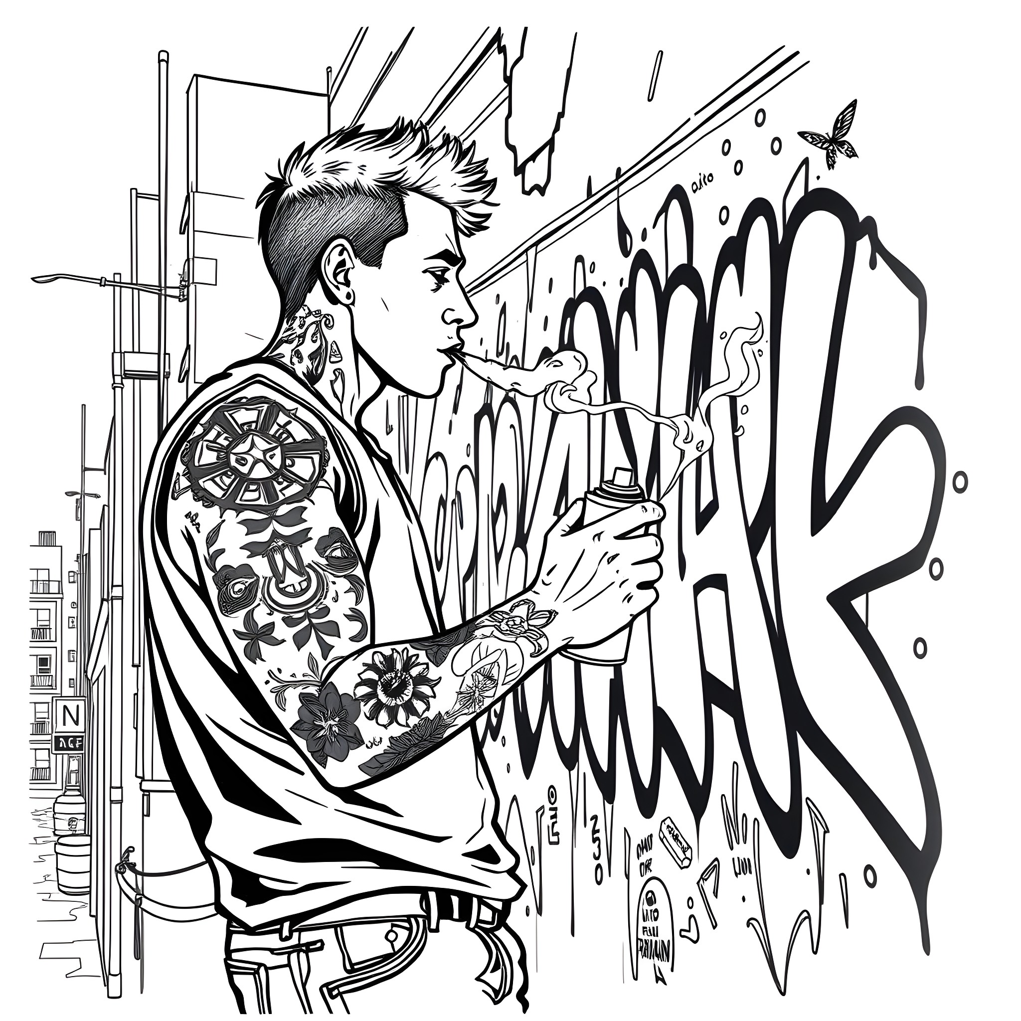 Man with Punk Rock Tattoos Spray Painting Graffiti Coloring Page (free black-and-white line drawing printable PDF for all, from beginners to advanced learners, including children, teens, adults, and seniors)