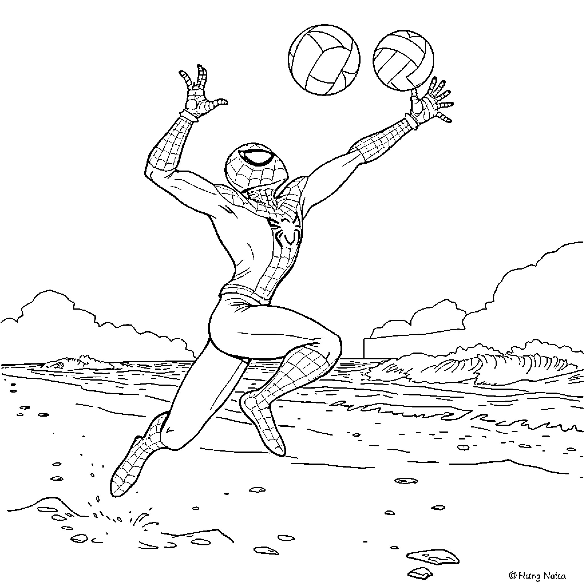 Spider-Man playing volleyball on the beach Coloring Page (free black-and-white line drawing printable PDF for all, from beginners to advanced learners, including children, teens, adults, and seniors)