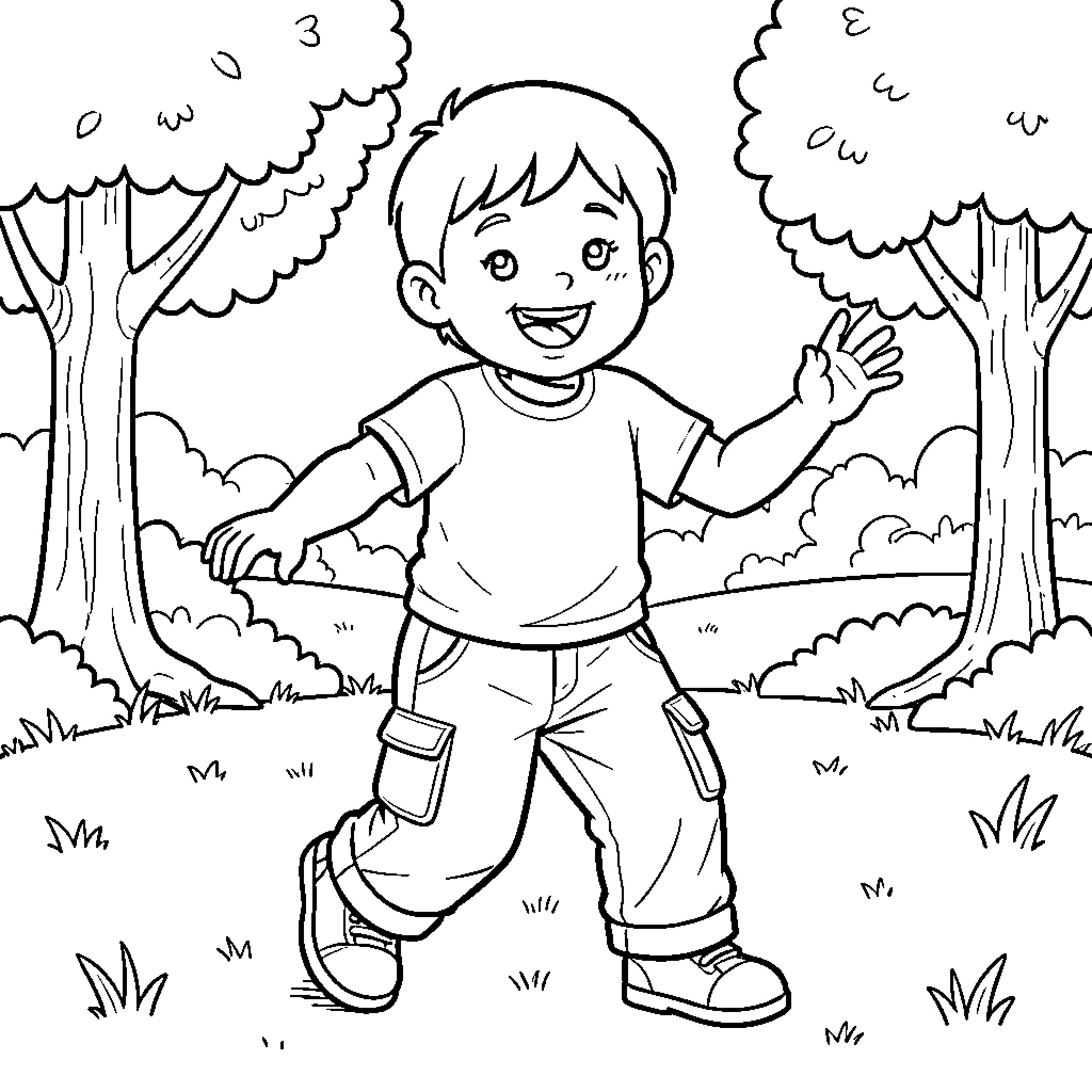 Child exploring the forest with excitement Coloring Page (free black-and-white line drawing printable PDF for all, from beginners to advanced learners, including children, teens, adults, and seniors)