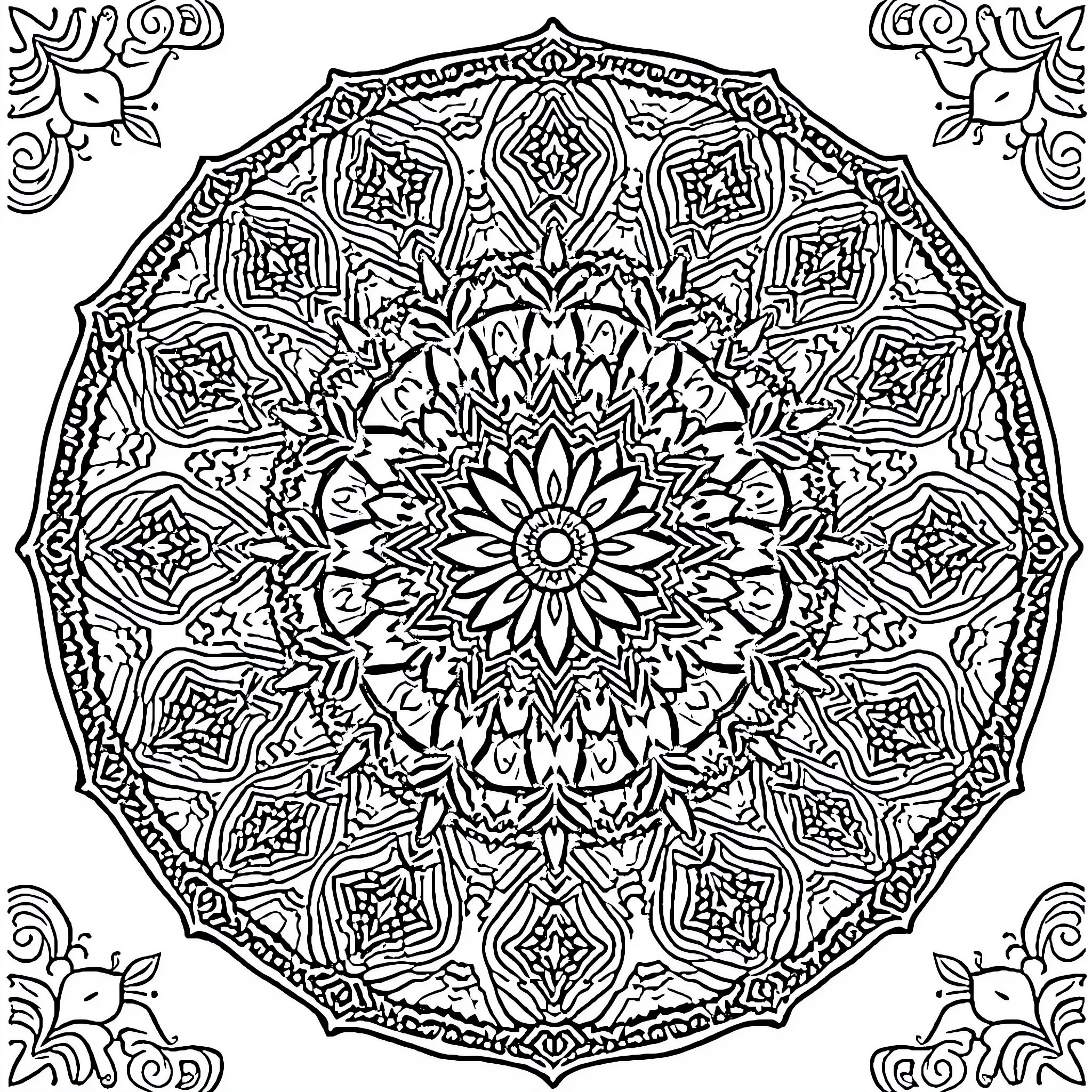Circle of Intricate Floral Patterns Coloring Page (free black-and-white line drawing printable PDF for all, from beginners to advanced learners, including children, teens, adults, and seniors)