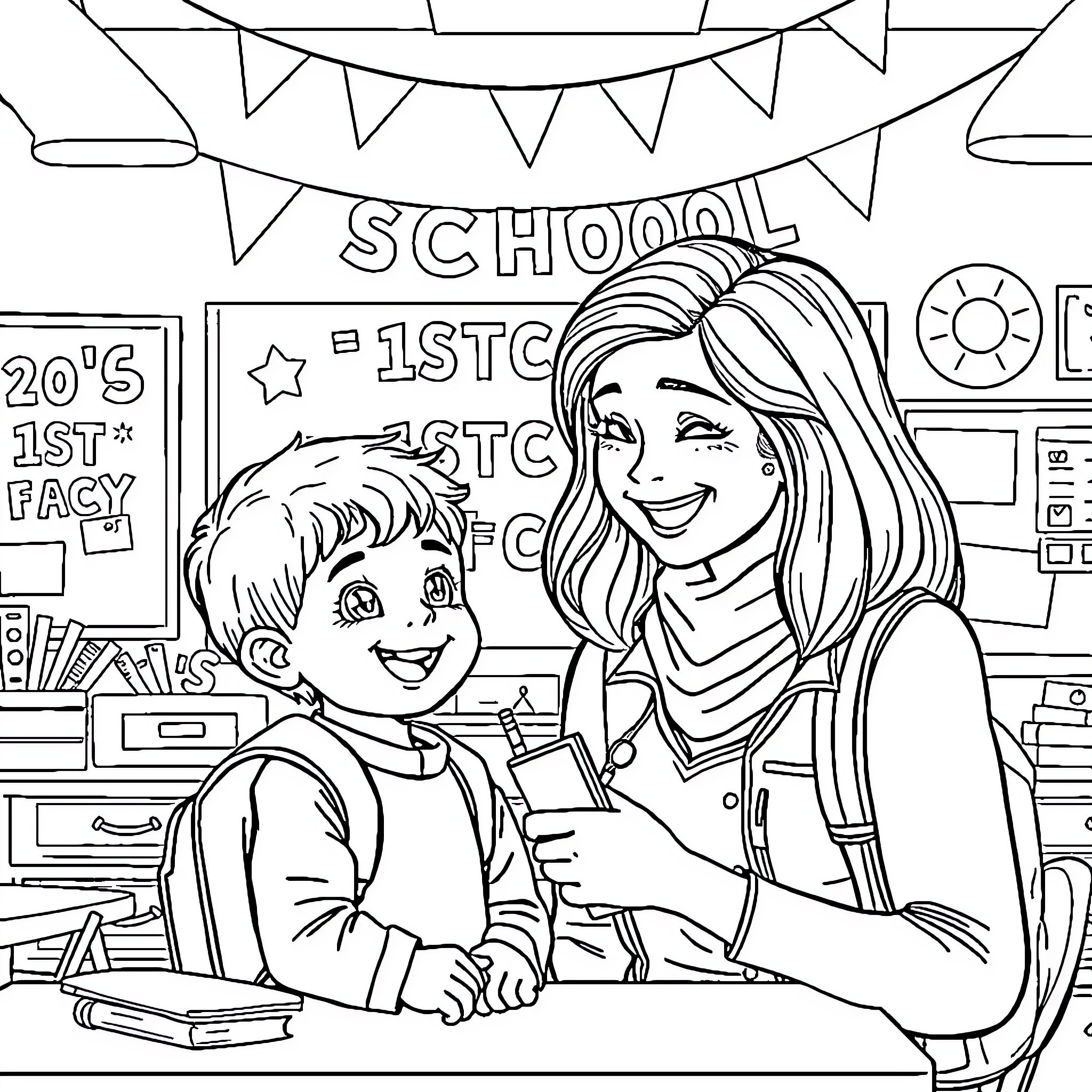 Teacher assisting student in the classroom Coloring Page (free black-and-white line drawing printable PDF for all, from beginners to advanced learners, including children, teens, adults, and seniors)